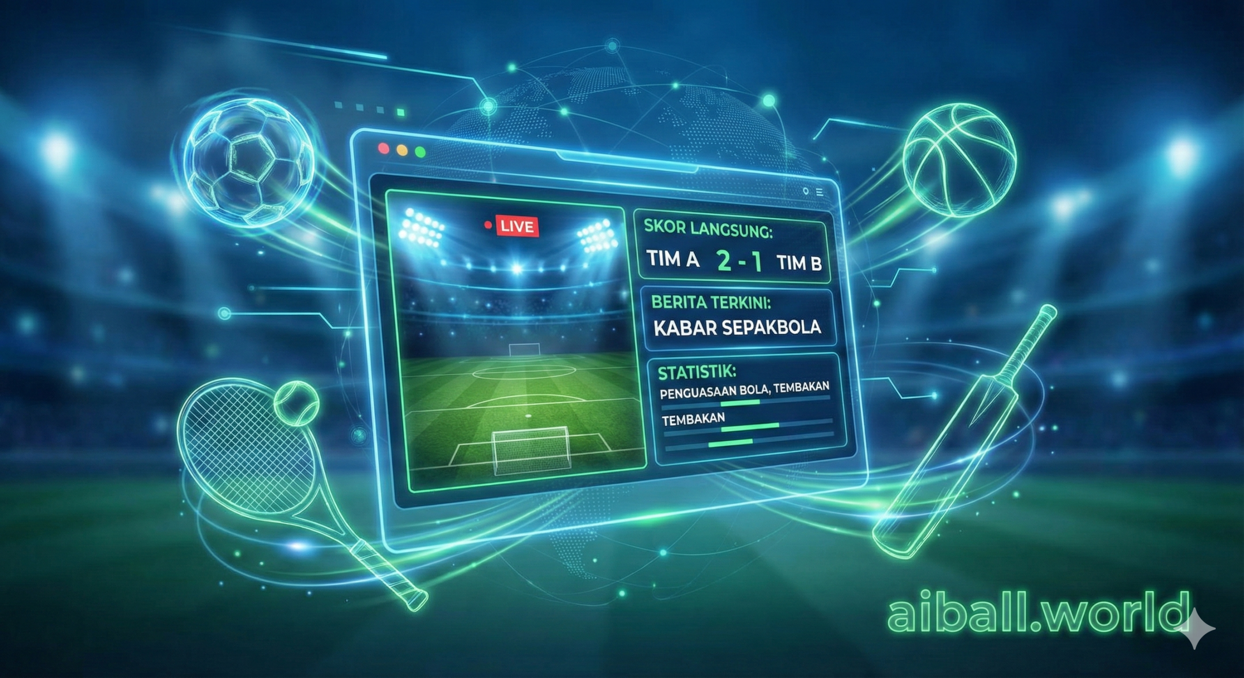 一张极具现代科技感和动感的体育赛事封面图。画面中心是一个悬浮的半透明全息数据界面或智能手机屏幕,清晰展示着正在进行的足球比赛实时比分和数据统计,强调“实时”特性。围绕着中心界面,动态分布着足球、篮球、网球拍和板球等体育器材元素,象征着平台覆盖多项运动。背景采用深蓝色调搭配充满活力的霓虹绿光线,模拟出宏大的体育场氛围和全球联网的数据流动感。整体构图聚焦中心,光影层次丰富,风格专业、大气,完美契合全球体育比分资讯站点的品牌形象。