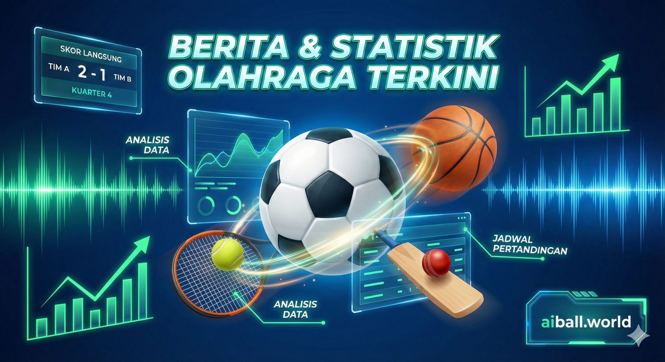 一张充满活力且极具现代感的体育新闻网站封面图。画面构图采用动态拼贴方式，中心展示一个高清晰度的足球，周围巧妙融合了篮球、网球和板球等元素，象征着全方位的体育赛事覆盖。背景是充满科技感的深蓝色调，叠加了发光的霓虹绿数据图表、实时比分面板和波形图，模拟现场直播的紧张氛围。光线明亮，采用3D渲染与真实摄影相结合的风格，视觉冲击力强，完美传达出aiball.world作为一站式体育数据平台的专业与权威感。