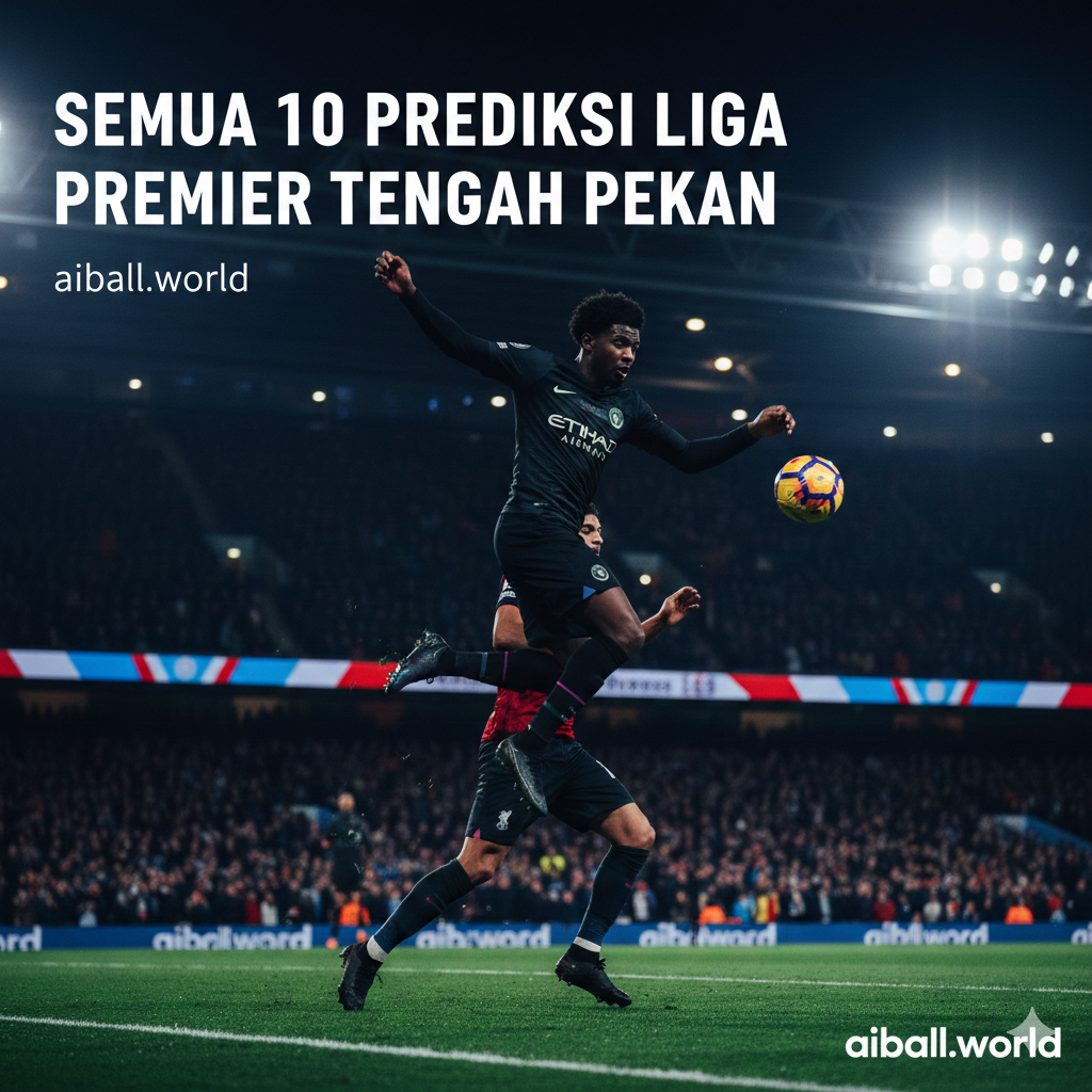 一张充满张力和动感的英超联赛主题封面图，画面展示了夜间球场在泛光灯照射下的宏大场景，象征着周中密集的赛程。构图中心可以是曼城、阿森纳或利物浦等豪门球队的关键球员在场上激烈拼抢的剪影或特写，背景是模糊但色彩斑斓的观众席，营造出热烈的比赛氛围。色彩方面，采用深邃的夜空蓝与鲜艳的草地绿形成对比，配合明亮的球场灯光，风格写实且具有高清晰度的体育摄影质感，完美契合英超赛事预测的主题。