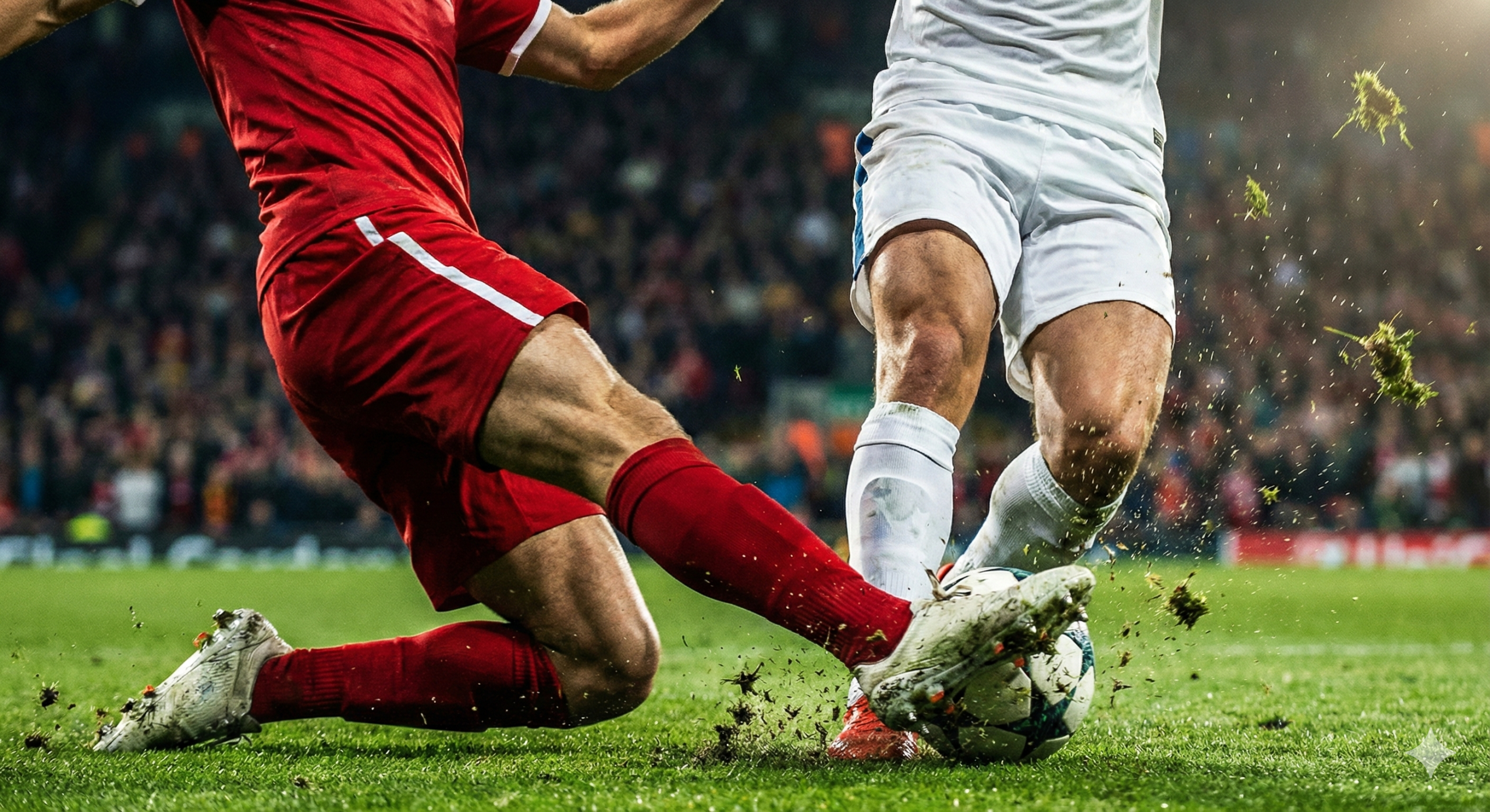 一张聚焦于足球比赛激烈对抗瞬间的内容配图，用于辅助说明赛事预测的激烈程度。画面特写展示了两名身穿不同颜色球衣（如红色与白色）的球员在绿茵场上争顶或铲球的瞬间，捕捉到草屑飞溅和肌肉紧绷的细节，体现竞技体育的力量感。光影处理上采用侧逆光，增加画面的立体感和戏剧性。整体色调饱满，强调红、蓝、绿等足球运动的主色调，构图紧凑，视觉冲击力强，适合放置在文章中间作为视觉停顿和氛围烘托。