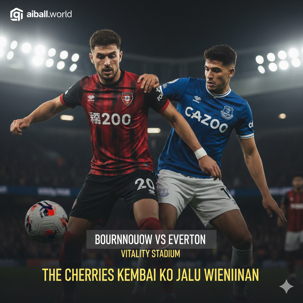 一张富有动态和戏剧性的足球比赛预测封面图。画面主体是伯恩茅斯（The Cherries）和埃弗顿（The Toffees）两队球员在球场上激烈拼抢的瞬间，可以聚焦于一名身穿红色/黑色的伯恩茅斯球员与一名身穿蓝色/白色的埃弗顿球员进行身体对抗或争顶的特写。背景是虚化的体育场灯光和模糊的观众。图片整体采用深色系和鲜明的对比色，突出运动的激情和紧张感。上方或下方留出空间，以半透明的叠加效果显示“Bournemouth vs Everton”和“Vitality Stadium”等字样，整体风格应专业、现代，并略带预测的神秘感。