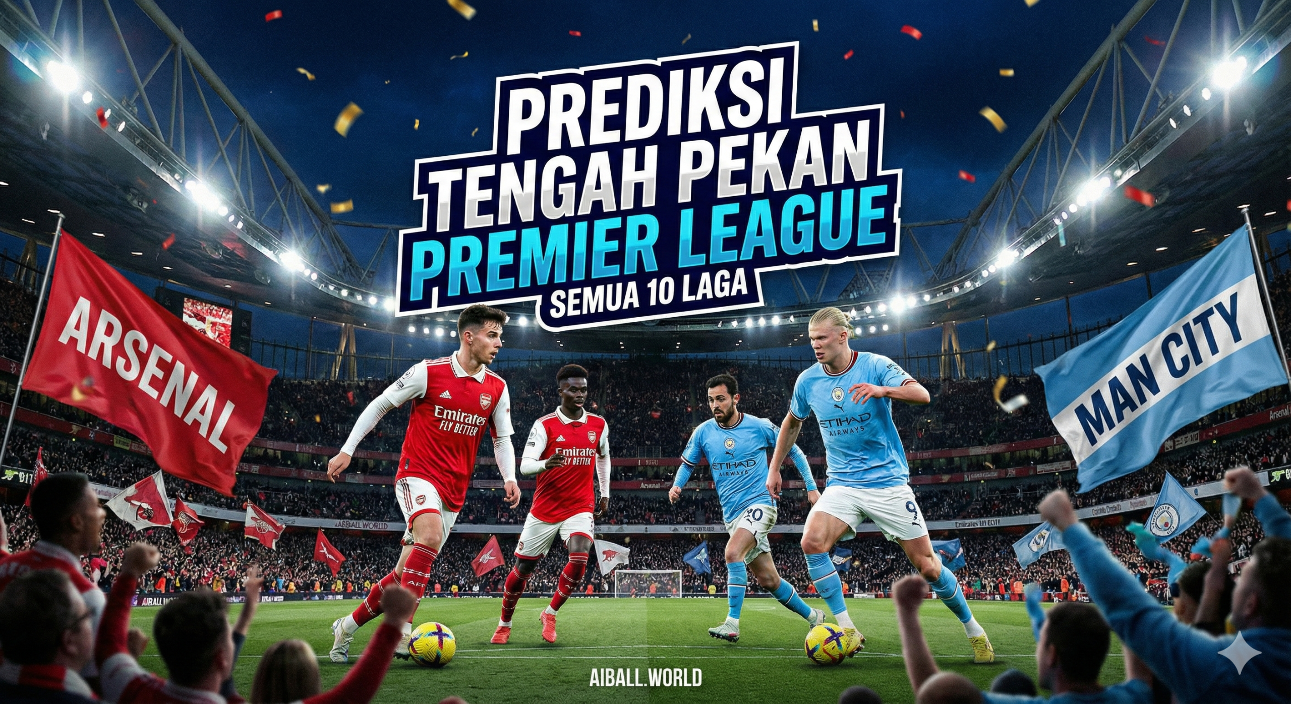 Sebuah ilustrasi kolase yang dinamis dan bersemangat menampilkan aksi intens dari para pemain kunci Premier League, khususnya menyoroti persaingan ketat di puncak klasemen antara Arsenal dan Manchester City. Gambar ini menangkap atmosfer stadion sepak bola Inggris yang ikonik dengan sorotan lampu malam hari, mencerminkan drama pertandingan tengah pekan. Terlihat pemain sedang menggiring bola atau merayakan gol dengan latar belakang tribun penonton yang penuh sesak dan bendera klub yang berkibar, menciptakan nuansa kompetitif yang sangat sesuai untuk menjadi sampul artikel prediksi ini.