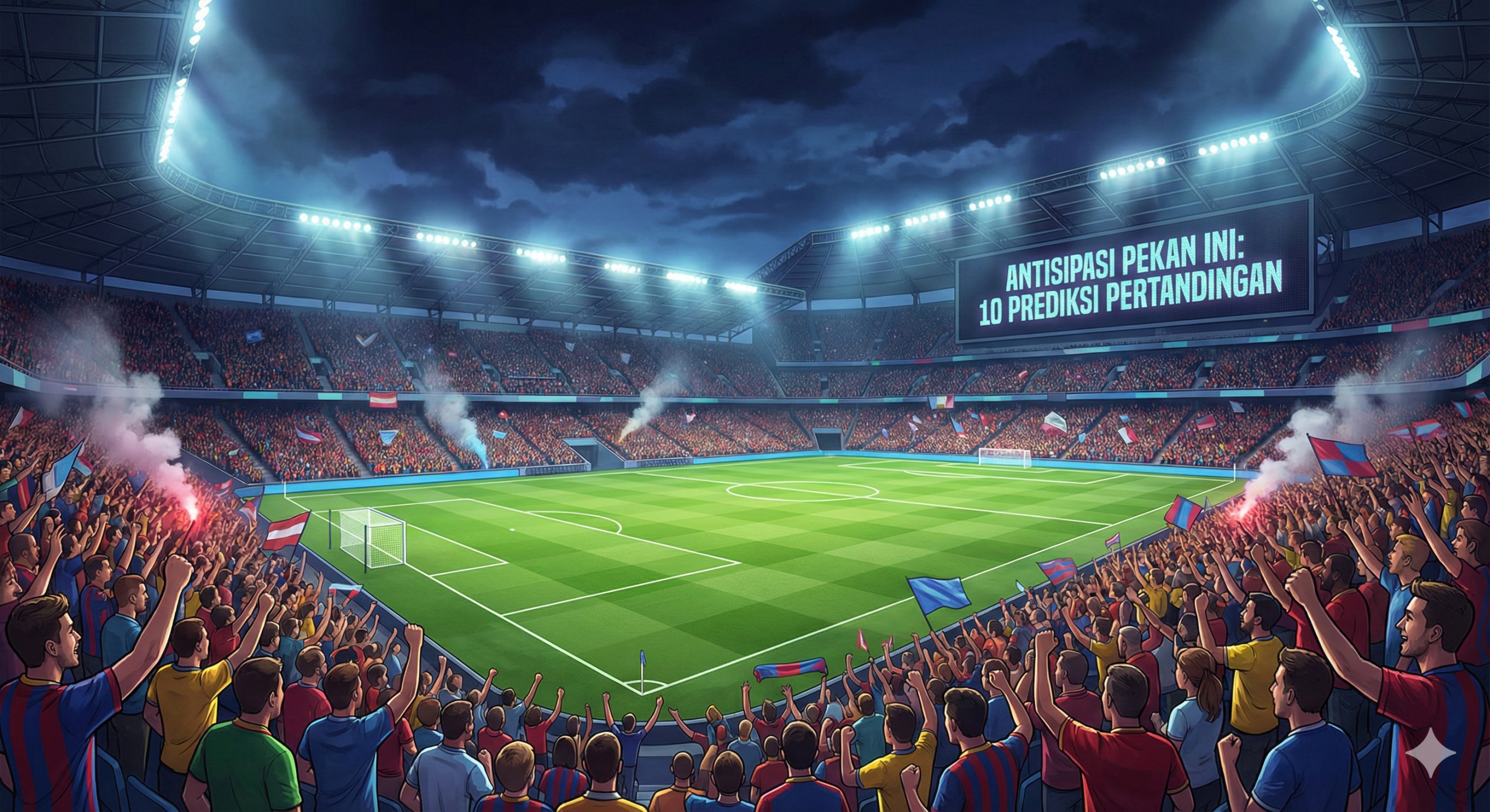 Pemandangan panoramik stadion sepak bola Premier League yang megah di bawah sorotan lampu sorot (floodlights) yang terang benderang pada malam hari, menandakan suasana pertandingan tengah pekan yang khas. Lapangan rumput hijau terlihat sangat terawat dan kontras dengan kerumunan penonton yang antusias di tribun yang mengenakan berbagai warna jersey. Suasana ini menggambarkan ketegangan dan antisipasi tinggi sebelum kick-off, cocok untuk ditempatkan di tengah artikel untuk memberikan jeda visual yang menarik sekaligus merepresentasikan semangat kompetisi dari ke-20 klub yang bertanding.