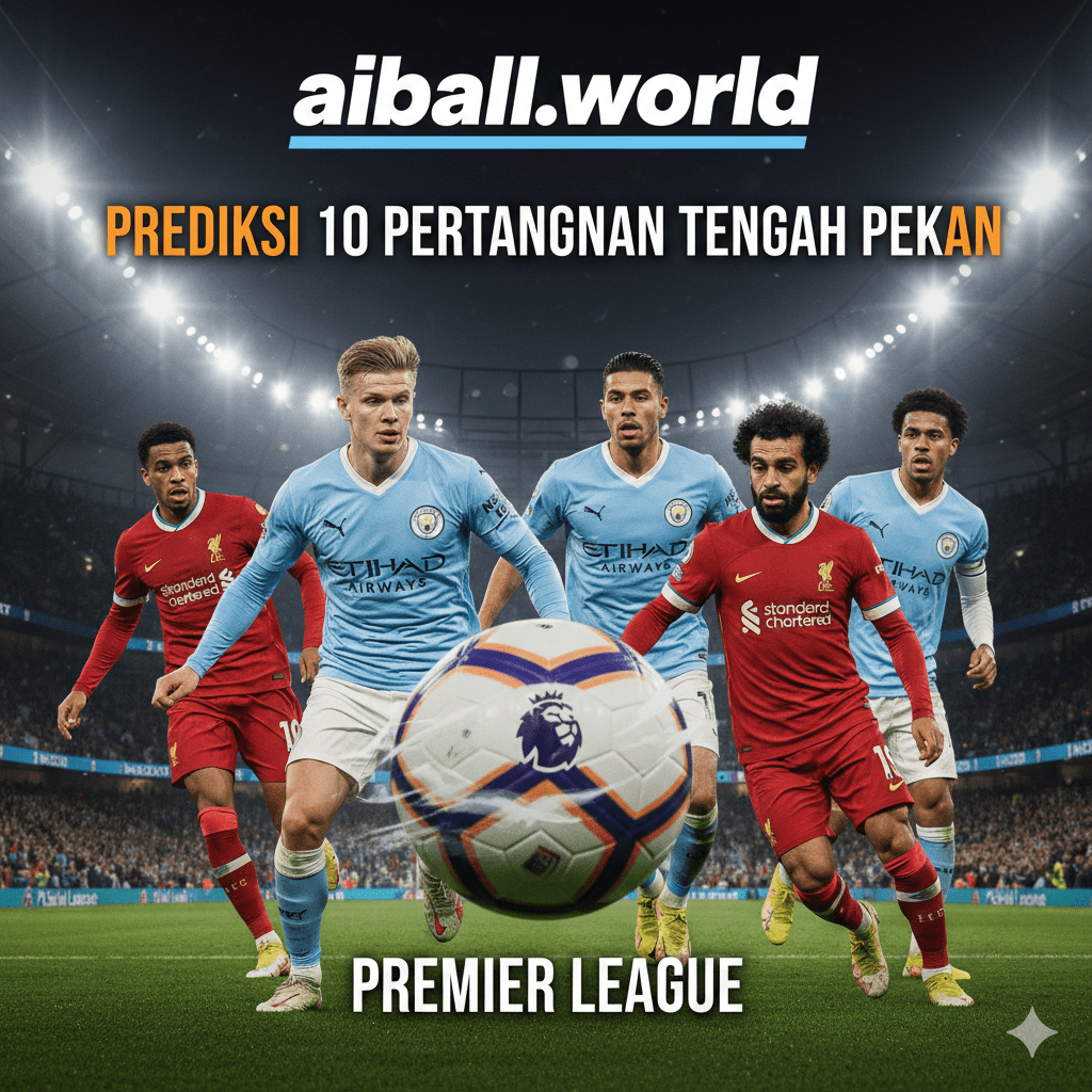 Ilustrasi visual yang memukau dan dinamis menampilkan kolase pemain kunci dari tim-tim raksasa Premier League seperti Manchester City, Arsenal, dan Liverpool yang sedang beraksi di lapangan. Latar belakang gambar didominasi oleh nuansa warna stadion malam hari yang energik dengan efek pencahayaan dramatis. Di bagian tengah, terdapat bola sepak resmi Premier League yang seolah sedang melesat, menyimbolkan persaingan ketat dan tempo cepat di papan atas klasemen. Gambar ini dirancang untuk menarik perhatian pembaca secara instan dan mencerminkan atmosfer panas dari 10 pertandingan tengah pekan yang sangat krusial.