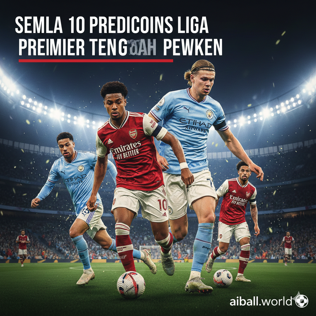 Sebuah ilustrasi komposit berkualitas tinggi yang menampilkan atmosfer elektrik dari pertandingan tengah pekan Liga Premier Inggris. Gambar ini harus menyoroti pemain kunci dari tim-tim papan atas seperti Arsenal dan Manchester City yang sedang beraksi, dengan latar belakang stadion sepak bola modern yang diterangi lampu sorot malam hari yang dramatis. Komposisi visual harus mencerminkan ketegangan dan semangat kompetisi perebutan gelar juara, dengan nuansa warna yang kontras dan tajam untuk menarik perhatian pembaca di situs aiball.world.