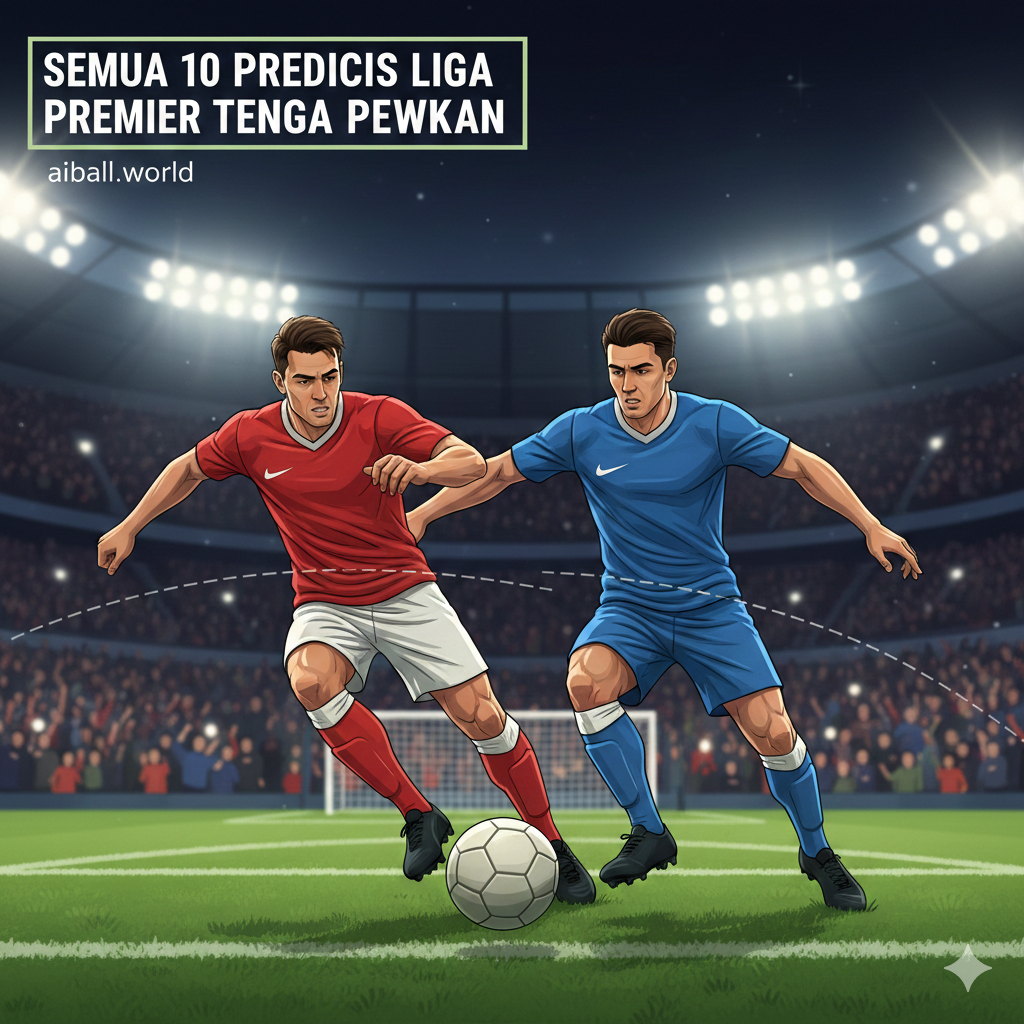 Pemandangan aksi lapangan yang mendetail memperlihatkan duel intens antara striker dan bek di dalam kotak penalti, menangkap esensi dari prediksi skor pertandingan. Fokus gambar tertuju pada pergerakan bola dan ekspresi tekad para pemain saat berebut penguasaan bola. Latar belakangnya adalah kerumunan penonton stadion malam hari yang buram (bokeh), menciptakan kedalaman visual. Pencahayaan stadion yang terang menonjolkan tekstur rumput hijau dan seragam pemain, sangat cocok untuk memvisualisasikan analisis taktik yang dibahas dalam artikel.