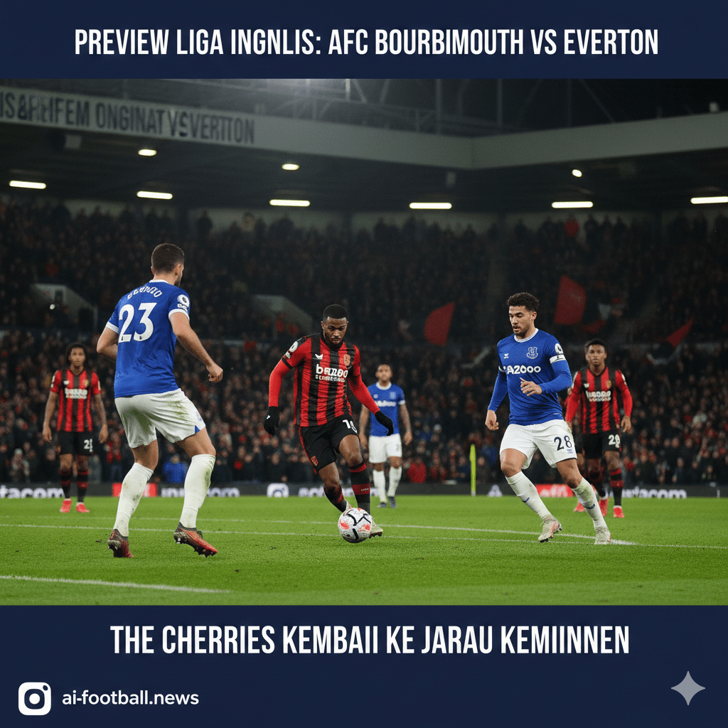 Pemandangan panorama stadion sepak bola Inggris yang megah pada malam hari di bawah sorotan lampu stadion yang terang benderang, menciptakan atmosfer pertandingan tengah pekan yang dramatis dan intens. Di bagian depan, terlihat bola sepak resmi Premier League tergeletak di atas rumput hijau yang segar, dengan latar belakang tribun yang dipenuhi warna-warni bendera suporter yang samar (efek bokeh). Gambar ini harus memancarkan nuansa kompetisi liga paling bergengsi di dunia, mewakili persaingan ketat antara klub-klub seperti Arsenal, Manchester City, dan tim lainnya yang dibahas dalam prediksi.