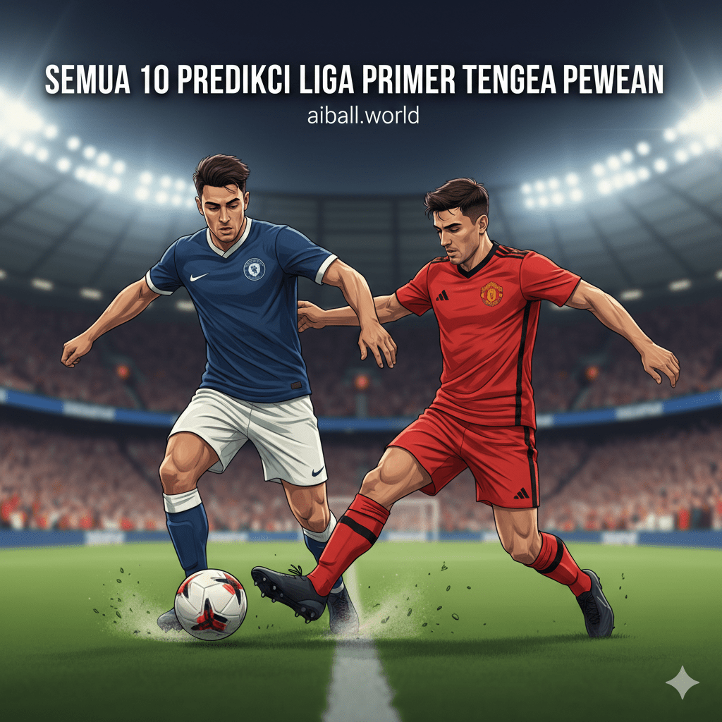 Ilustrasi aksi dinamis di tengah lapangan yang menampilkan duel perebutan bola antara dua pemain sepak bola dengan seragam yang kontras, melambangkan persaingan sengit di Premier League. Salah satu pemain terlihat sedang melakukan dribel cepat sementara lawan berusaha melakukan tekel bersih. Ekspresi wajah pemain menunjukkan fokus tinggi dan tekad untuk menang. Latar belakang gambar sedikit kabur untuk menonjolkan kecepatan gerakan pemain, sangat cocok untuk ditempatkan di antara prediksi pertandingan untuk menggambarkan performa tim yang sedang naik turun seperti yang diulas dalam artikel.