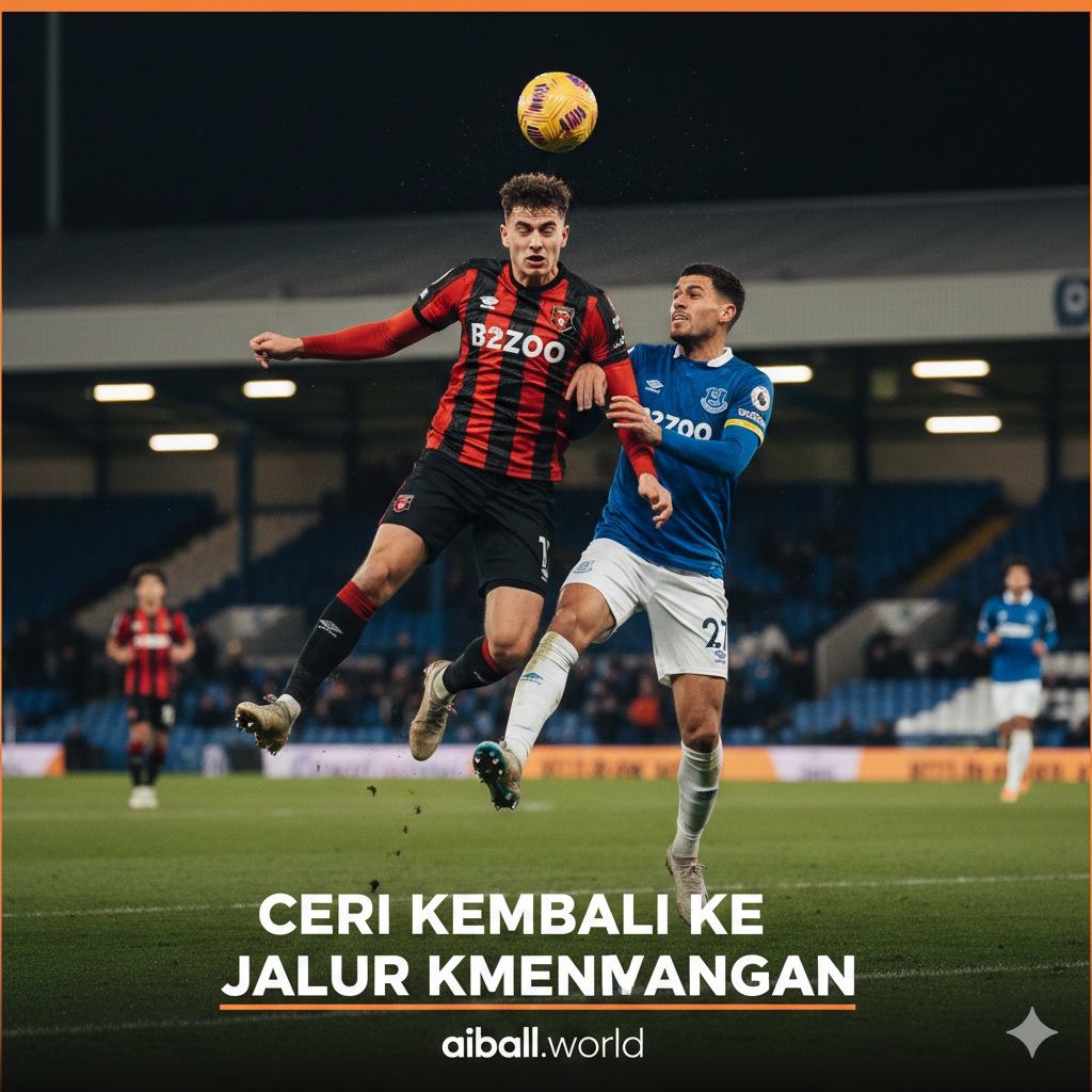 Sebuah foto aksi berintensitas tinggi yang menangkap momen perebutan bola di udara antara seorang pemain Bournemouth, mengenakan seragam merah-hitam, dan seorang pemain Everton, mengenakan seragam biru khas mereka. Latar belakang menunjukkan sebagian dari stadion kandang Bournemouth, Vitality Stadium, dengan sorotan lampu malam. Ekspresi para pemain harus menunjukkan semangat juang dan fokus, mencerminkan pertarungan sengit yang diprediksi dalam artikel. Gambar ini harus menyampaikan semangat Liga Primer Inggris dan secara visual mewakili kedua tim yang disebutkan di artikel. Judul artikel dalam Bahasa Inggris adalah 'Cherries to return to winning ways' yang merujuk pada Bournemouth.