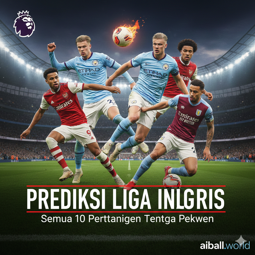 Ilustrasi visual yang menakjubkan dan penuh energi untuk sampul artikel prediksi Liga Inggris, menampilkan montase pemain kunci dari tim-tim papan atas seperti Arsenal, Manchester City, dan Aston Villa yang sedang beraksi dengan teknik tinggi. Latar belakangnya adalah stadion sepak bola modern di malam hari yang diterangi lampu sorot terang, menciptakan suasana pertandingan tengah pekan yang dramatis dan megah. Elemen grafis seperti logo Premier League yang ikonik dan bola sepak yang sedang melayang menambah kesan profesional, sangat cocok untuk menarik perhatian penggemar sepak bola di situs aiball.world.