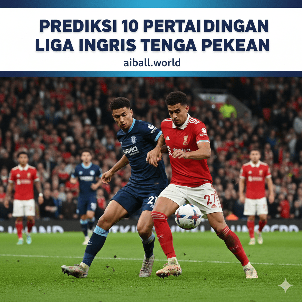 Gambar aksi di lapangan yang mendetail dan realistis, menangkap momen krusial dalam sebuah pertandingan Liga Inggris yang sengit antara dua tim besar. Fokus gambar pada duel fisik perebutan bola antara bek dan penyerang di dalam kotak penalti, dengan ekspresi wajah pemain yang penuh tekad dan konsentrasi. Rumput lapangan terlihat hijau segar, sementara tribun penonton di latar belakang dipenuhi suporter yang antusias dengan atribut tim mereka. Pencahayaan dramatis menonjolkan ketegangan permainan, mencerminkan analisis mendalam tentang persaingan ketat di papan klasemen minggu ini.