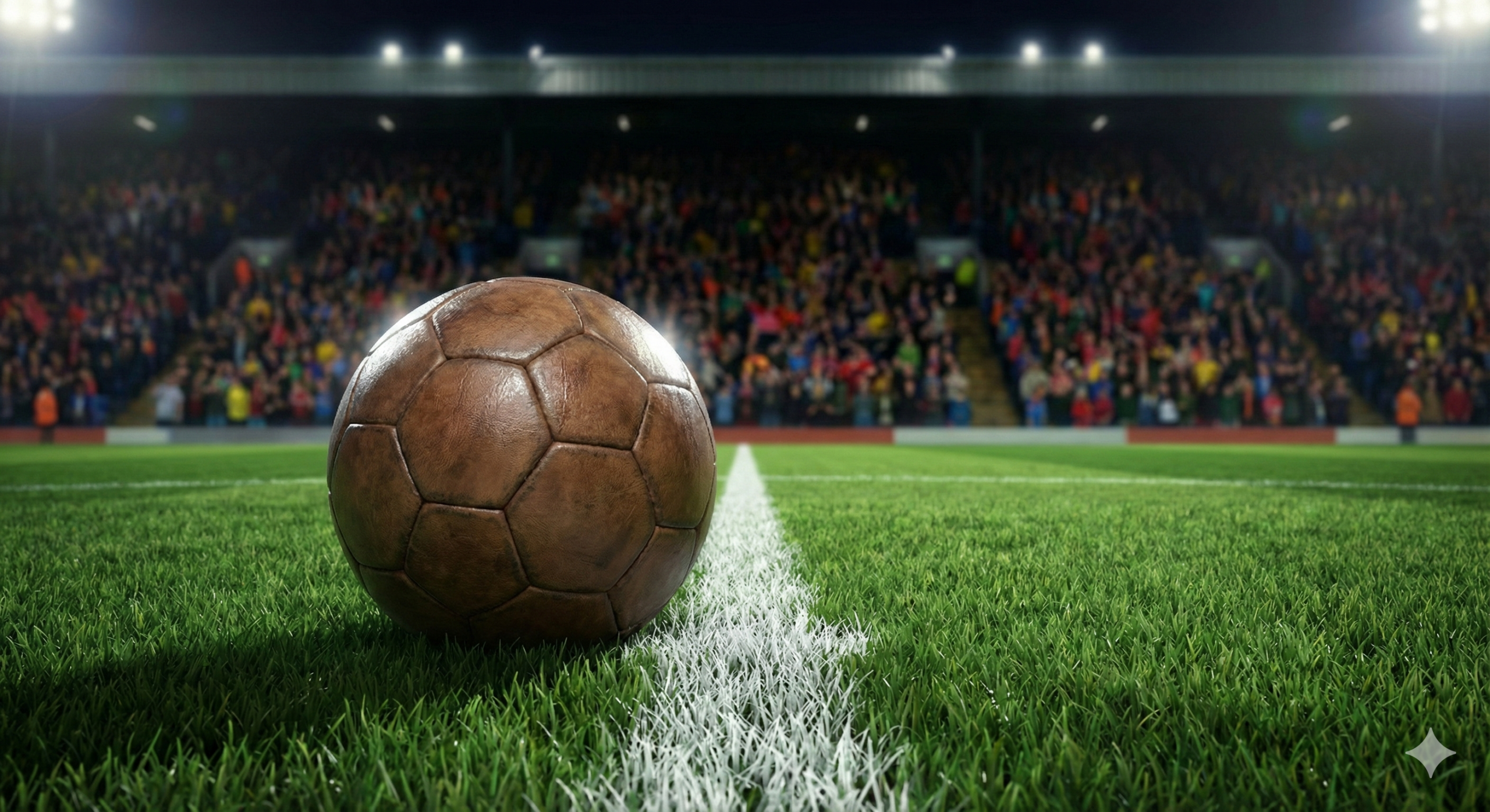Tampilan close-up yang sangat realistis dan detail dari sebuah bola sepak klasik yang berada tepat di atas garis putih lapangan rumput hijau yang terawat rapi. Latar belakang gambar menunjukkan tribun stadion Inggris yang penuh sesak dengan warna-warni suporter yang terlihat artistik, menciptakan kedalaman visual yang kuat. Pencahayaannya dramatis dengan efek pantulan lampu stadion yang menyala terang pada permukaan bola, menandakan suasana pertandingan malam hari atau 'midweek fixture' yang khas. Gambar ini membangkitkan rasa antisipasi dan ketegangan sebelum peluit kickoff dibunyikan, sangat relevan untuk ditempatkan di tengah artikel sebagai pemanis visual antara daftar prediksi pertandingan.