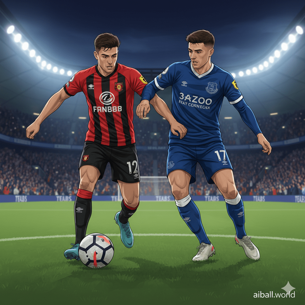 Ilustrasi dramatis yang menampilkan dua pemain dari klub sepak bola, satu mengenakan seragam kandang AFC Bournemouth (merah dan hitam) dan satu lagi mengenakan seragam kandang Everton FC (biru tua), sedang berduel memperebutkan bola di tengah lapangan Stadion Vitality yang diterangi lampu sorot pada malam hari. Ekspresi wajah mereka menunjukkan fokus dan intensitas yang tinggi. Di latar belakang, terlihat siluet samar penonton yang ramai, menekankan suasana pertandingan Liga Premier yang sengit. Gambar harus mencerminkan suasana malam dan energi yang dibutuhkan oleh kedua tim untuk 'kembali ke jalur kemenangan'.