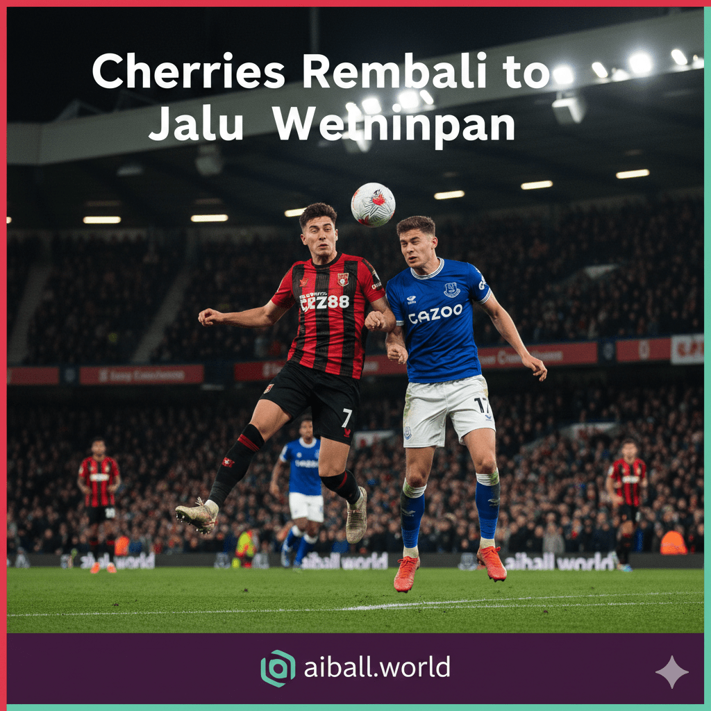 Gambar berfokus pada suasana pertandingan sepak bola Liga Premier antara Bournemouth (The Cherries) dan Everton (The Toffees) di Vitality Stadium. Dalam gambar, dua pemain dari masing-masing tim terlihat sedang berebut bola atau melakukan duel udara dengan latar belakang tribun yang ramai dan bersemangat. Pakaian tim Bournemouth berwarna merah-hitam, sementara Everton berwarna biru. Ekspresi pemain menunjukkan intensitas dan determinasi untuk meraih kemenangan, mencerminkan tekad kedua tim untuk kembali ke jalur kemenangan setelah kekalahan sebelumnya. Pencahayaan malam hari yang dramatis dari lampu stadion menambah kesan atmosfer yang mendebarkan untuk pertandingan penting ini.