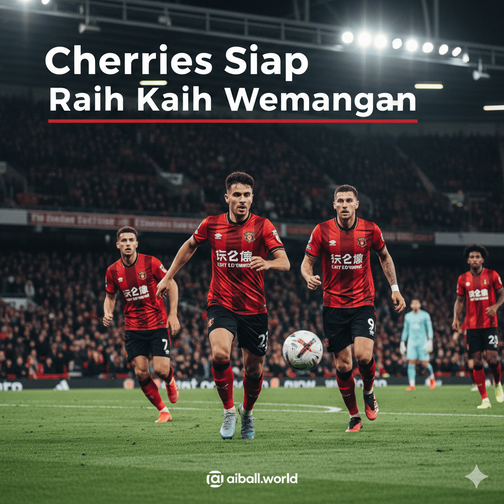 Sebuah foto aksi dinamis beresolusi tinggi yang menampilkan para pemain Bournemouth dalam seragam kandang merah dan hitam ikonik mereka sedang berlaga di Vitality Stadium. Latar belakang gambar memperlihatkan tribun penonton yang padat dan bersemangat, menciptakan atmosfer pertandingan Liga Premier yang intens. Pencahayaan stadion yang dramatis menyoroti ekspresi tekad para pemain The Cherries yang sedang berusaha keras menguasai bola, melambangkan ambisi mereka untuk kembali ke jalur kemenangan setelah hasil mengecewakan sebelumnya. Komposisi gambar harus energik dan memikat mata pembaca.