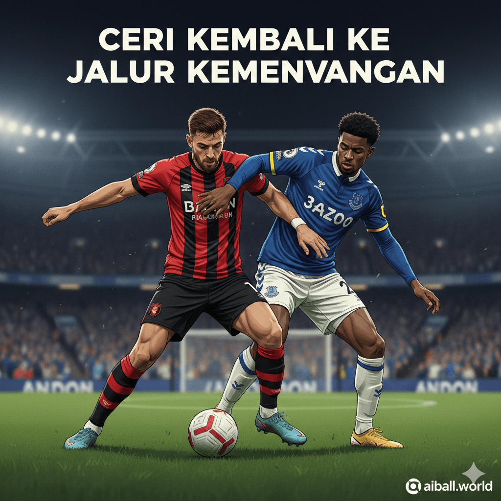 Gambar close-up yang menangkap momen duel fisik sengit di lini tengah antara pemain Bournemouth dan pemain Everton. Pemain Everton terlihat mengenakan seragam biru kebanggaan mereka, sedang berebut bola dengan pemain Bournemouth dalam posisi yang kompetitif. Fokus gambar tertuju pada interaksi fisik dan konsentrasi kedua pemain, dengan latar belakang lapangan hijau yang tajam dan tribun yang sedikit kabur (efek bokeh). Gambar ini mengilustrasikan ketegangan pertandingan di mana kedua tim sama-sama berusaha bangkit dari kekalahan telak di pekan sebelumnya.