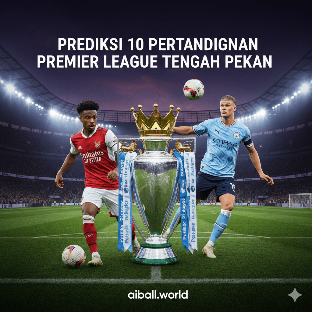 Ilustrasi komposit yang dinamis menampilkan trofi Premier League yang berkilau di tengah, diapit oleh aksi pemain kunci dari tim papan atas seperti Bukayo Saka dari Arsenal dan Erling Haaland dari Manchester City. Latar belakang gambar memperlihatkan suasana stadion sepak bola Inggris yang megah di malam hari dengan pencahayaan lampu sorot yang dramatis, melambangkan intensitas pertandingan tengah pekan. Nuansa warna didominasi oleh ungu dan biru khas branding Premier League, menciptakan kesan eksklusif dan kompetitif yang mencerminkan perebutan posisi puncak klasemen.