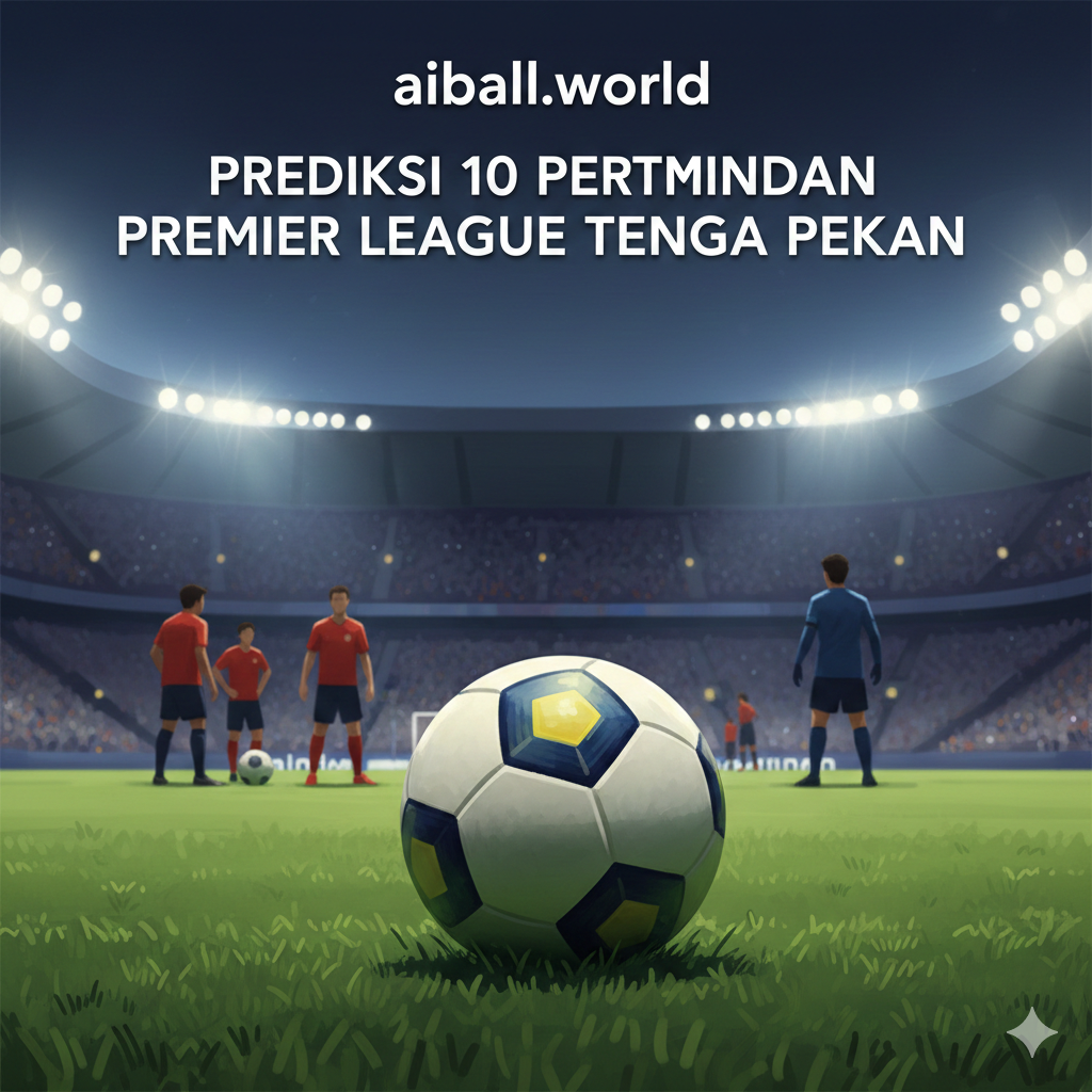 Pemandangan sudut pandang rendah (low-angle shot) dari bola sepak resmi Premier League yang tergeletak di atas rumput stadion yang hijau dan segar, diterangi oleh cahaya lampu stadion yang terang benderang. Di latar belakang yang dibuat sedikit kabur (bokeh), terlihat siluet para pemain yang sedang bersiap untuk kick-off dan tribun penonton yang padat, menangkap esensi atmosfer pertandingan malam hari yang menegangkan. Gambar ini ditempatkan di tengah artikel untuk memvisualisasikan semangat kompetisi dari 10 klub yang akan bertanding dalam jadwal padat tengah pekan ini.