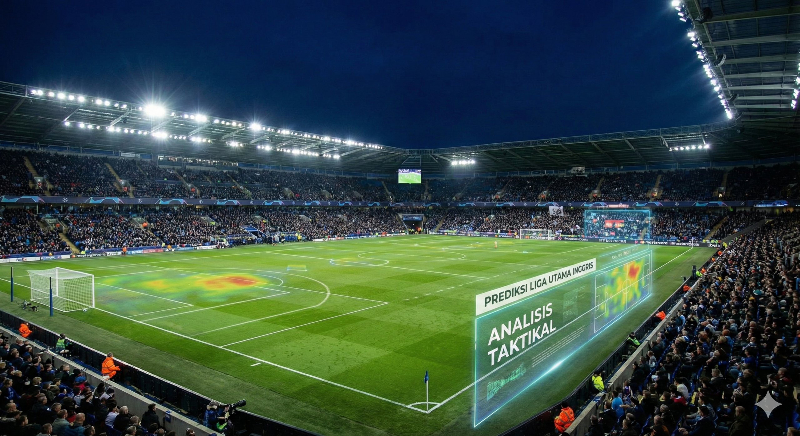 一张充满活力的英超联赛足球主题封面图，专为周中比赛预测文章设计。画面中心突显英超联赛的视觉元素，左右两侧分别展示阿森纳（红色球衣）和曼城（天蓝色球衣）的球员动态剪影，象征着激烈的积分榜榜首争夺战。背景采用标志性的深紫色和霓虹青色，融合了动态的速度线和光效，营造出紧张刺激的比赛日氛围。构图饱满，色彩鲜艳且具有高对比度，完美契合体育竞技主题，高清4K写实风格。