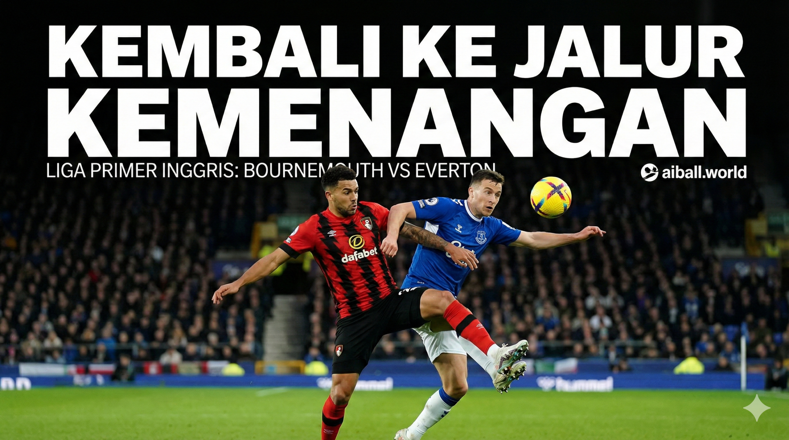 体育摄影风格的封面图，以英格兰足球超级联赛中伯恩茅斯（Bournemouth，昵称'เดอะ เชอร์รีส์'/The Cherries）对阵埃弗顿（Everton，昵称'ท๊อฟฟี่สีน้ำเงิน'/The Toffees）的比赛为主题。画面主体应是两队球员在激烈对抗中的特写镜头，可以聚焦于一个伯恩茅斯球员（身穿红色球衣）和一个埃弗顿球员（身穿蓝色球衣）争抢空中的足球或进行铲球的瞬间。背景应是光线充足的球场和模糊的观众席，强调比赛的紧张感和运动活力。整体色彩对比鲜明，突出红蓝对决。构图采用三分法，将焦点置于对抗中的球员，展现'回归胜利之路'的主题。