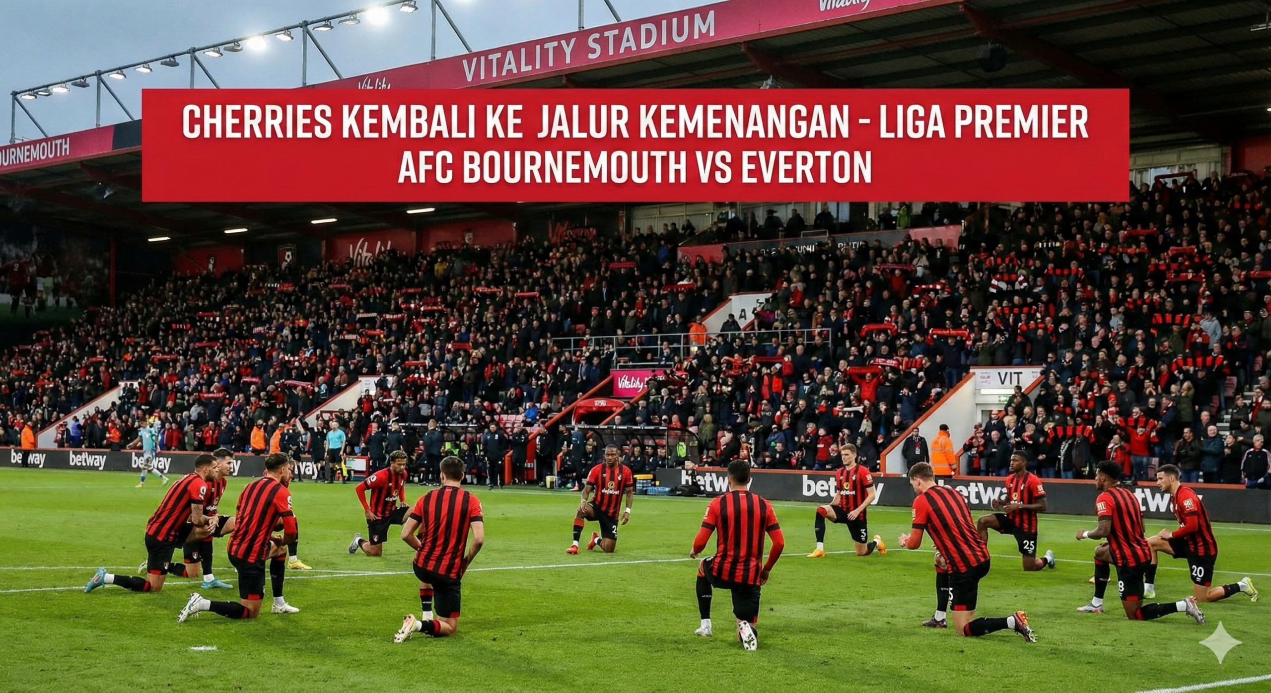 Pemandangan atmosferik di Stadion Vitality yang menampilkan para pemain AFC Bournemouth dengan seragam kandang bergaris merah dan hitam yang ikonik, sedang melakukan pemanasan atau bersiap di lapangan hijau sebelum pertandingan melawan Everton. Gambar ini menangkap semangat dan determinasi skuad The Cherries yang bertekad untuk bangkit kembali ke jalur kemenangan di hadapan pendukung tuan rumah mereka dalam laga Liga Premier Inggris yang krusial ini.