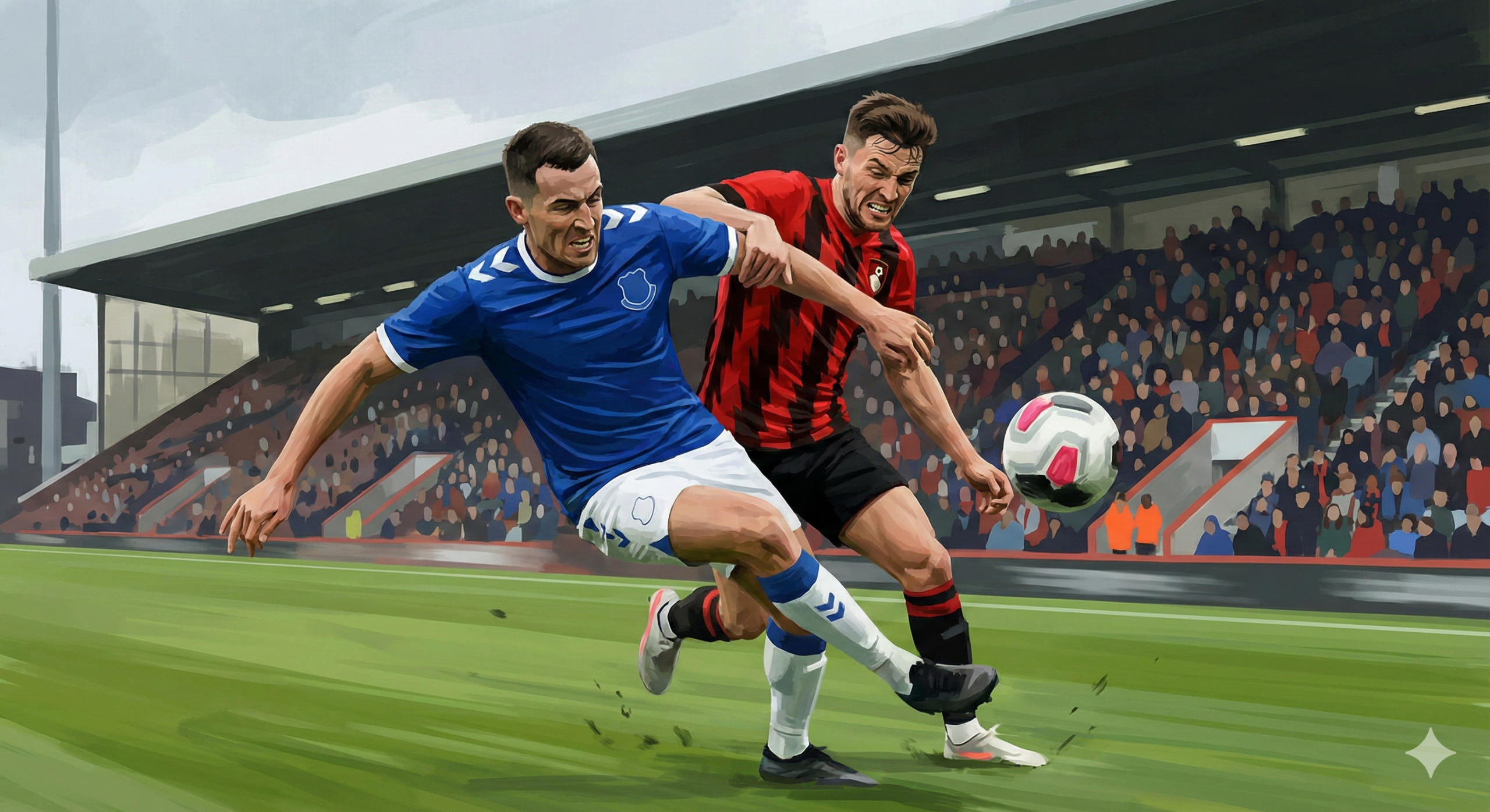 Momen aksi intens di lapangan yang memperlihatkan duel perebutan bola antara pemain Bournemouth dan pemain Everton. Pemain Everton terlihat mengenakan seragam biru kebanggaan mereka berusaha menghalau serangan, sementara pemain Bournemouth dengan agresif mencoba menguasai bola. Gambar ini mencerminkan fisik dan intensitas tinggi dari pertandingan Liga Premier, serta persaingan ketat antara kedua tim yang sama-sama terluka dan sangat membutuhkan poin penuh.