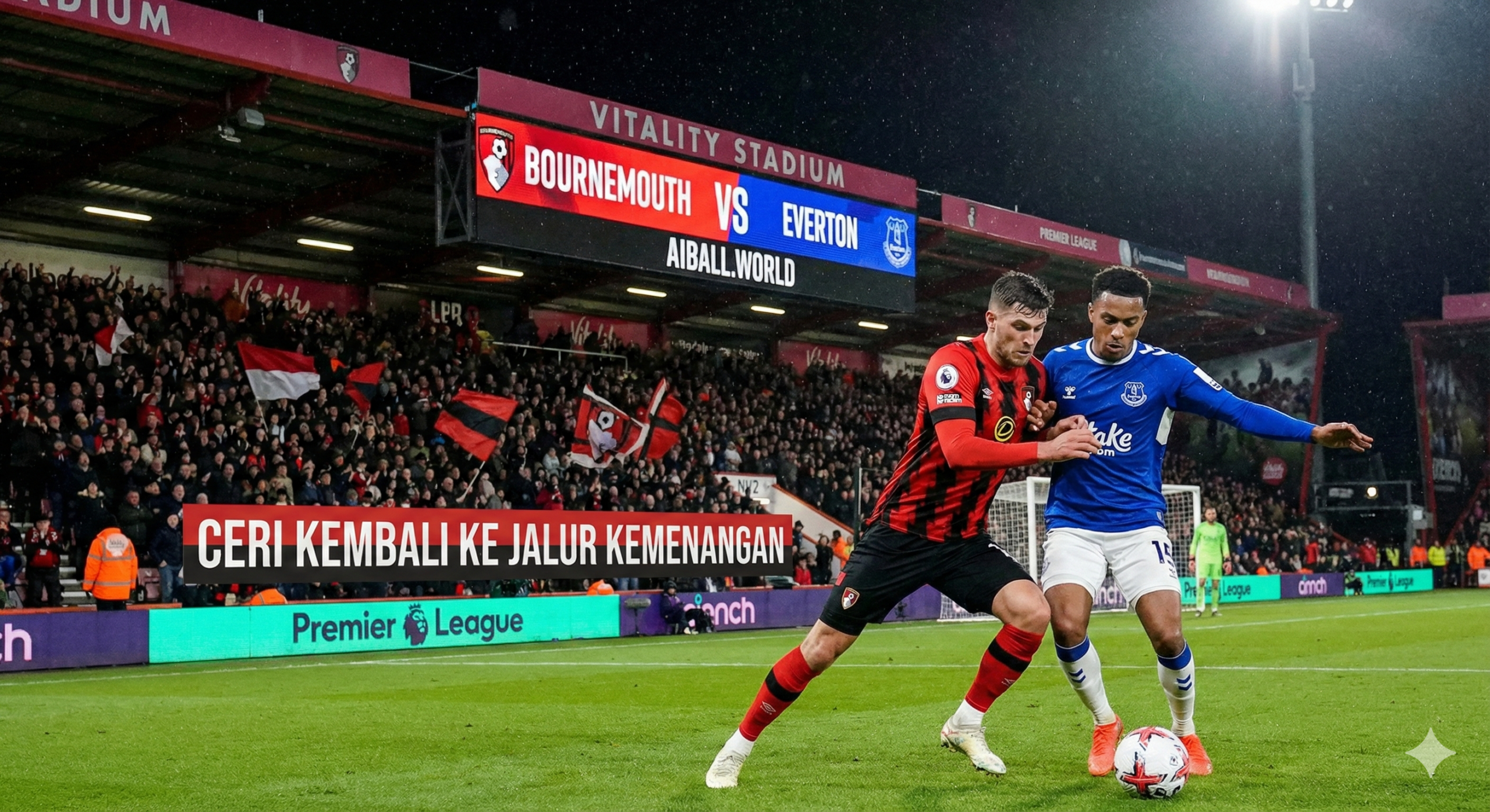 Sebuah ilustrasi visual yang realistis dan dinamis menampilkan pertandingan sepak bola Liga Premier Inggris antara Bournemouth melawan Everton di Vitality Stadium. Fokus pada aksi intens di lapangan hijau di mana pemain Bournemouth dengan jersey ikonik garis-garis merah dan hitam sedang berduel sengit memperebutkan bola dengan pemain Everton yang mengenakan seragam biru kerajaan. Latar belakang memperlihatkan tribun stadion yang padat dengan suporter yang antusias, bendera-bendera berkibar, dan pencahayaan lampu stadion yang dramatis pada malam hari, mencerminkan tekad kedua tim untuk kembali ke jalur kemenangan setelah hasil mengecewakan sebelumnya.