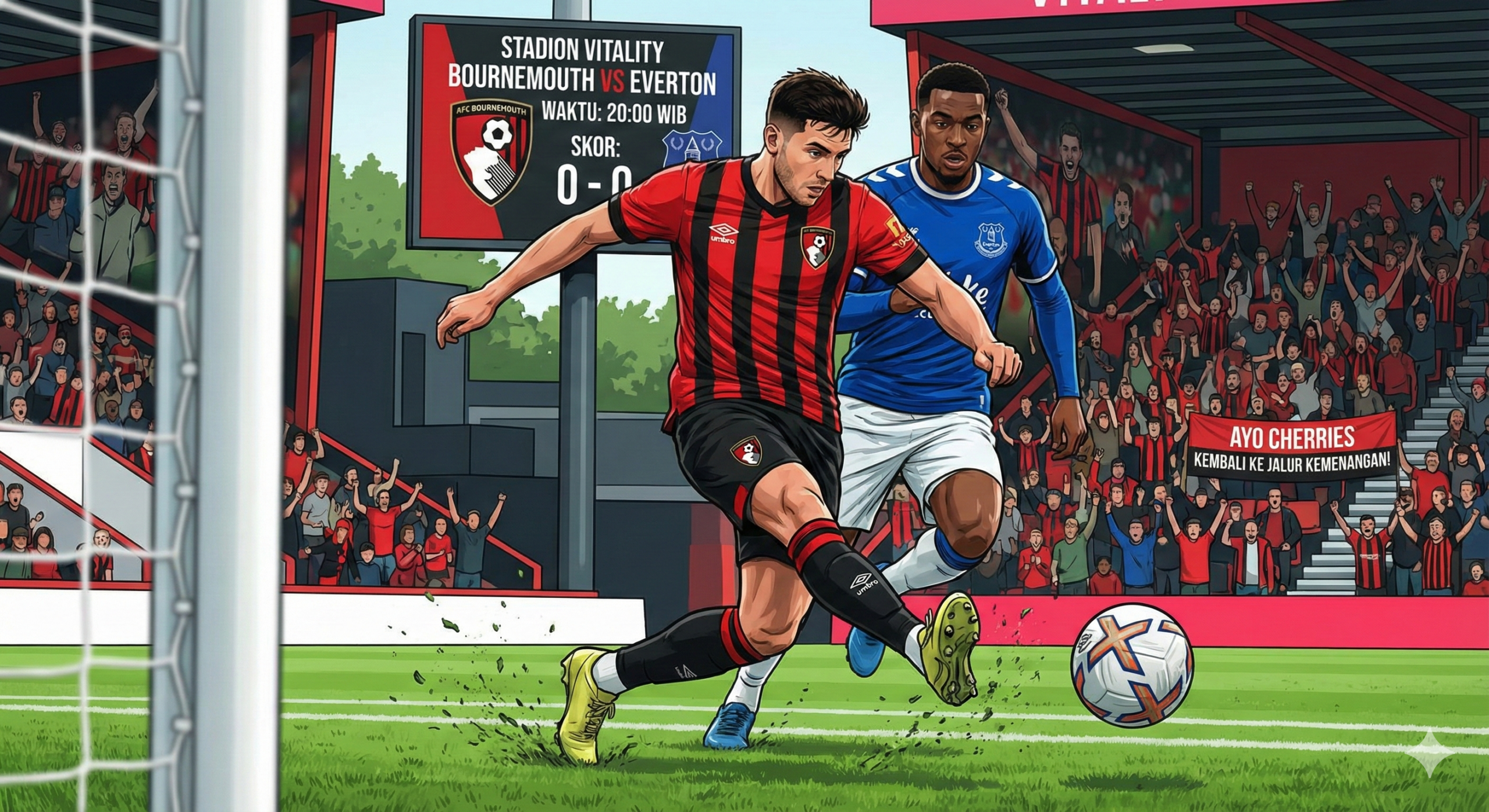 Gambar aksi close-up yang tajam di lapangan sepak bola, memperlihatkan pemain Bournemouth sedang melakukan serangan berbahaya ke gawang Everton. Pemain tersebut, mengenakan seragam kandang merah hitam, terlihat fokus dan bertekad saat menendang bola atau menggiringnya melewati bek Everton yang berbaju biru. Detail rumput yang hijau, gerakan yang dinamis, dan ekspresi wajah yang serius menambah realisme gambar. Visual ini mendukung analisis artikel tentang kekuatan serangan Bournemouth yang agresif saat bermain di kandang dan upaya keras mereka untuk mengatasi masalah pertahanan demi mengamankan kemenangan di hadapan pendukung sendiri.