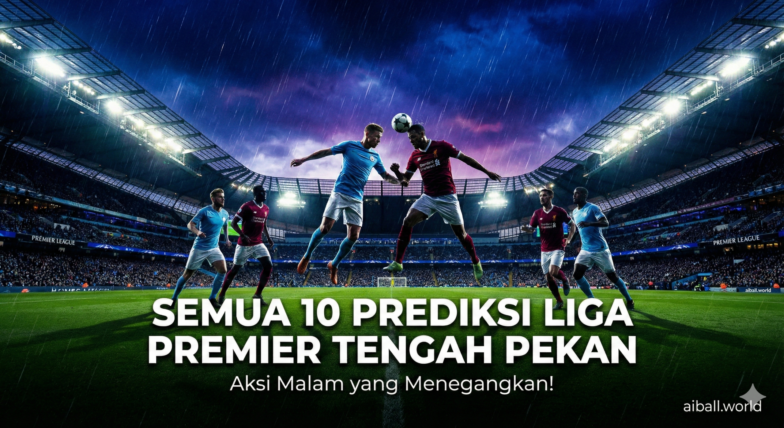 Sebuah ilustrasi komposit yang dinamis dan penuh energi yang menampilkan atmosfer pertandingan tengah pekan Liga Premier Inggris. Gambar ini harus menonjolkan elemen stadion sepak bola yang megah di malam hari dengan lampu sorot yang terang benderang menyinari lapangan hijau. Di bagian depan, terdapat siluet atau aksi pemain dari tim-tim papan atas seperti Arsenal dan Manchester City yang sedang berebut bola, melambangkan persaingan sengit di puncak klasemen. Nuansa warnanya harus dramatis dengan kontras tinggi antara lapangan hijau dan langit malam yang gelap, menciptakan rasa antisipasi yang kuat bagi para penggemar sepak bola untuk menyambut 10 pertandingan seru ini.