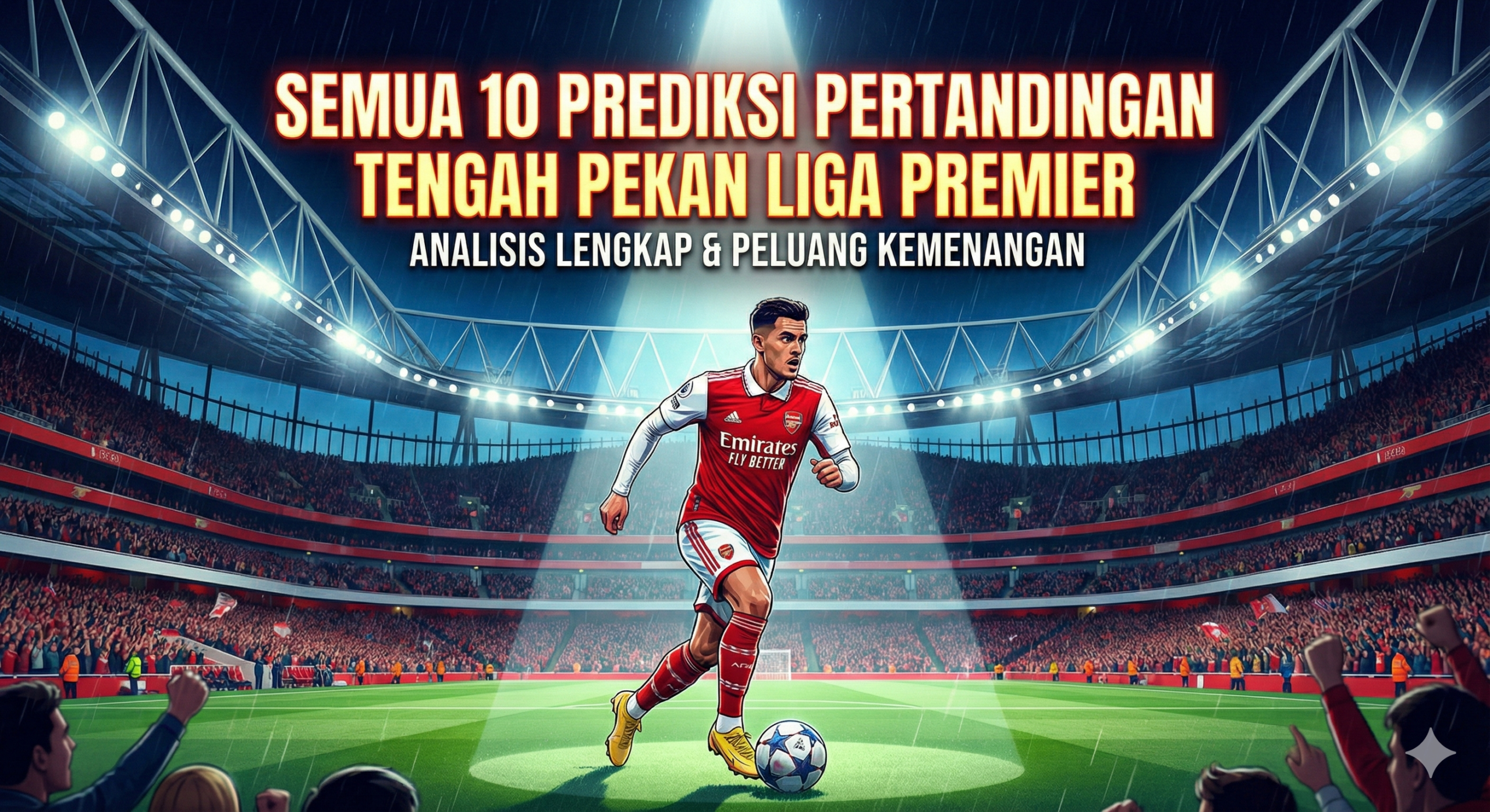 Ilustrasi digital berkualitas tinggi yang menampilkan suasana stadion sepak bola Liga Premier Inggris yang megah pada malam hari di bawah sorotan lampu sorot yang dramatis. Fokus utama gambar adalah pemain Arsenal dengan seragam merah putih ikonik yang sedang menggiring bola dengan intensitas tinggi, melambangkan posisi mereka sebagai pemuncak klasemen saat ini. Di latar belakang, terdapat siluet stadion yang penuh sesak dengan penonton, menciptakan atmosfer pertandingan tengah pekan yang panas dan mendebarkan. Gambar harus memiliki komposisi yang dinamis, warna yang tajam, dan nuansa kompetitif untuk menarik pembaca masuk ke dalam analisis pertandingan.