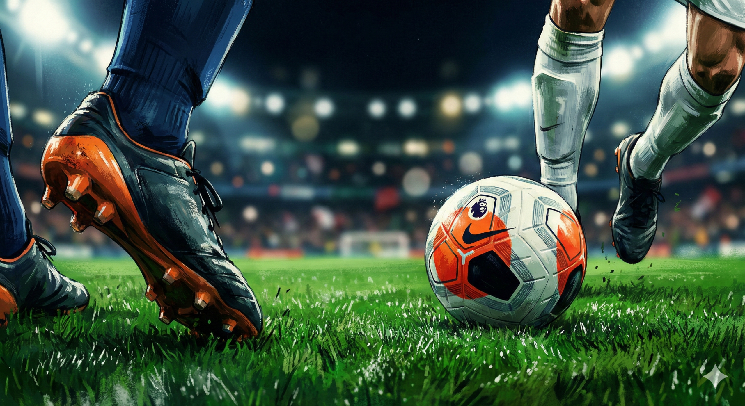 Gambar aksi close-up yang menangkap momen intens perebutan bola di atas rumput hijau yang basah selama pertandingan malam hari. Fokus gambar tertuju pada kaki pemain dan bola sepak resmi Liga Premier, sementara latar belakang tribun penonton terlihat kabur (efek bokeh) dengan cahaya lampu stadion yang dramatis. Visual ini merepresentasikan ketegangan fisik dan mental yang dihadapi klub-klub Inggris selama jadwal tengah pekan yang padat, memberikan jeda visual yang relevan di antara daftar prediksi pertandingan.