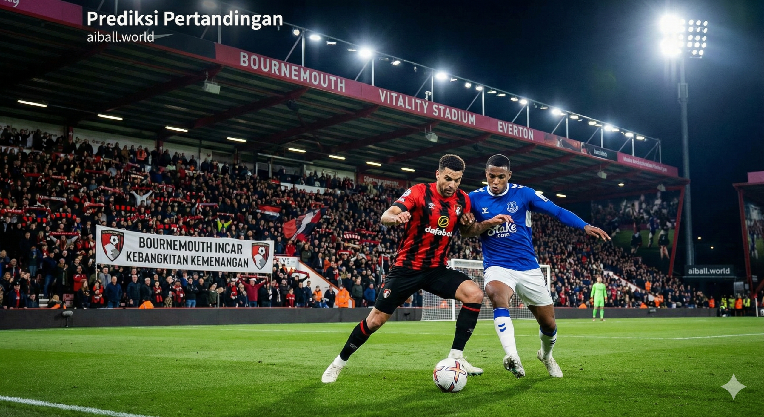 Sebuah foto aksi dinamis yang memperlihatkan pertandingan sepak bola sengit antara pemain Bournemouth dengan seragam kandang merah hitam bergaris melawan pemain Everton yang mengenakan seragam biru di Stadion Vitality. Latar belakang menunjukkan tribun penonton yang penuh semangat di bawah lampu sorot stadion pada pertandingan malam hari, mencerminkan ketegangan dan tekad kedua tim untuk bangkit dari kekalahan sebelumnya. Rumput hijau lapangan terlihat jelas dengan bola yang sedang diperebutkan di lini tengah, menciptakan atmosfer kompetitif yang tinggi sesuai dengan prediksi pertandingan.