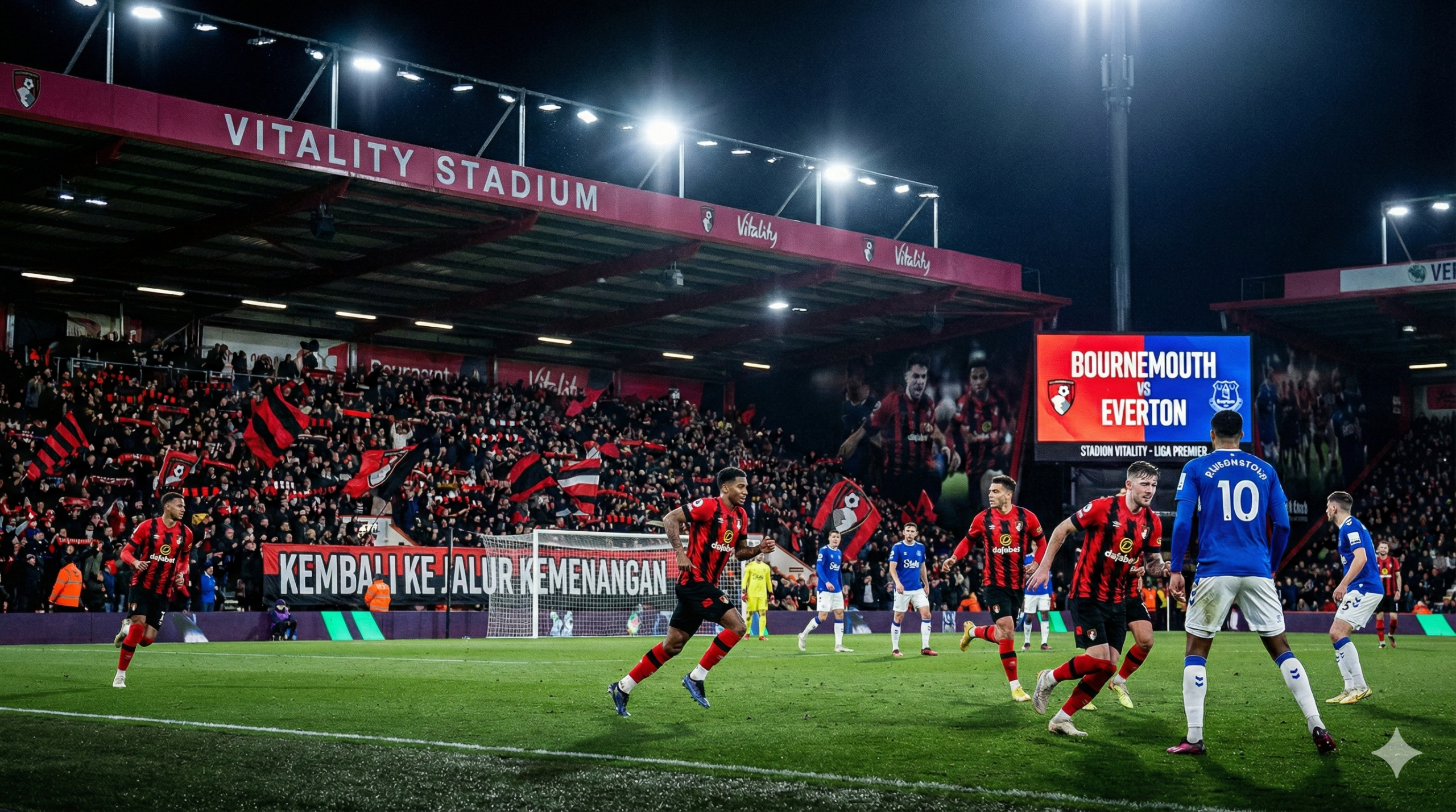 Pelatih kepala Bournemouth, Andoni Iraola, terlihat berdiri di pinggir lapangan teknis Stadion Vitality sambil memberikan instruksi taktis yang intens kepada para pemainnya. Ekspresinya tampak serius dan fokus, mencerminkan urgensi untuk kembali ke jalur kemenangan setelah membuang keunggulan pada pertandingan sebelumnya. Pencahayaan stadion menyoroti wajah pelatih sementara latar belakang sedikit kabur, menekankan tantangan manajerial yang dihadapinya dalam menyusun strategi tim tanpa kehadiran beberapa pemain kunci yang terkena skorsing dan cedera.