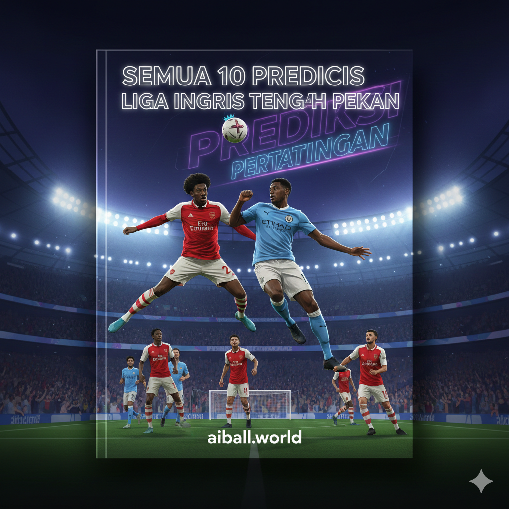 Sebuah ilustrasi dinamis yang menggambarkan atmosfer intens pertandingan tengah pekan Premier League di bawah lampu sorot stadion malam hari. Gambar ini menampilkan siluet aksi pemain sepak bola profesional dengan seragam yang merepresentasikan tim-tim besar seperti Arsenal dan Manchester City, sedang berebut bola di udara. Latar belakangnya adalah stadion yang penuh sesak dengan penonton yang antusias, dipadukan dengan elemen grafis neon berwarna ungu dan biru khas Liga Inggris, serta teks holografik samar yang menyiratkan 'Matchday Predictions'. Gambar ini harus memancarkan energi tinggi dan persaingan ketat di papan atas klasemen.