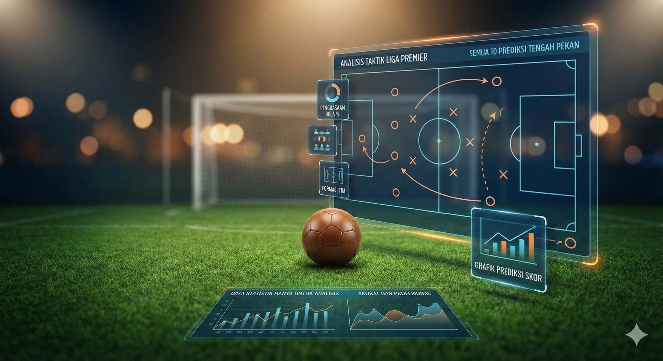 Gambar konseptual yang berfokus pada analisis taktik sepak bola, menampilkan papan strategi digital yang modern dengan latar belakang lapangan rumput hijau yang realistis. Di atas lapangan, terdapat ikon-ikon statistik 3D yang melayang, menunjukkan persentase penguasaan bola, formasi tim, dan grafik prediksi skor untuk berbagai pertandingan. Pencahayaan difokuskan pada bola sepak klasik di tengah lapangan, dengan efekk bokeh pada tiang gawang di kejauhan. Gambar ini dirancang untuk melengkapi bagian analisis mendalam dari artikel, memberikan kesan profesional, berbasis data, dan akurat bagi para penggemar taruhan bola.