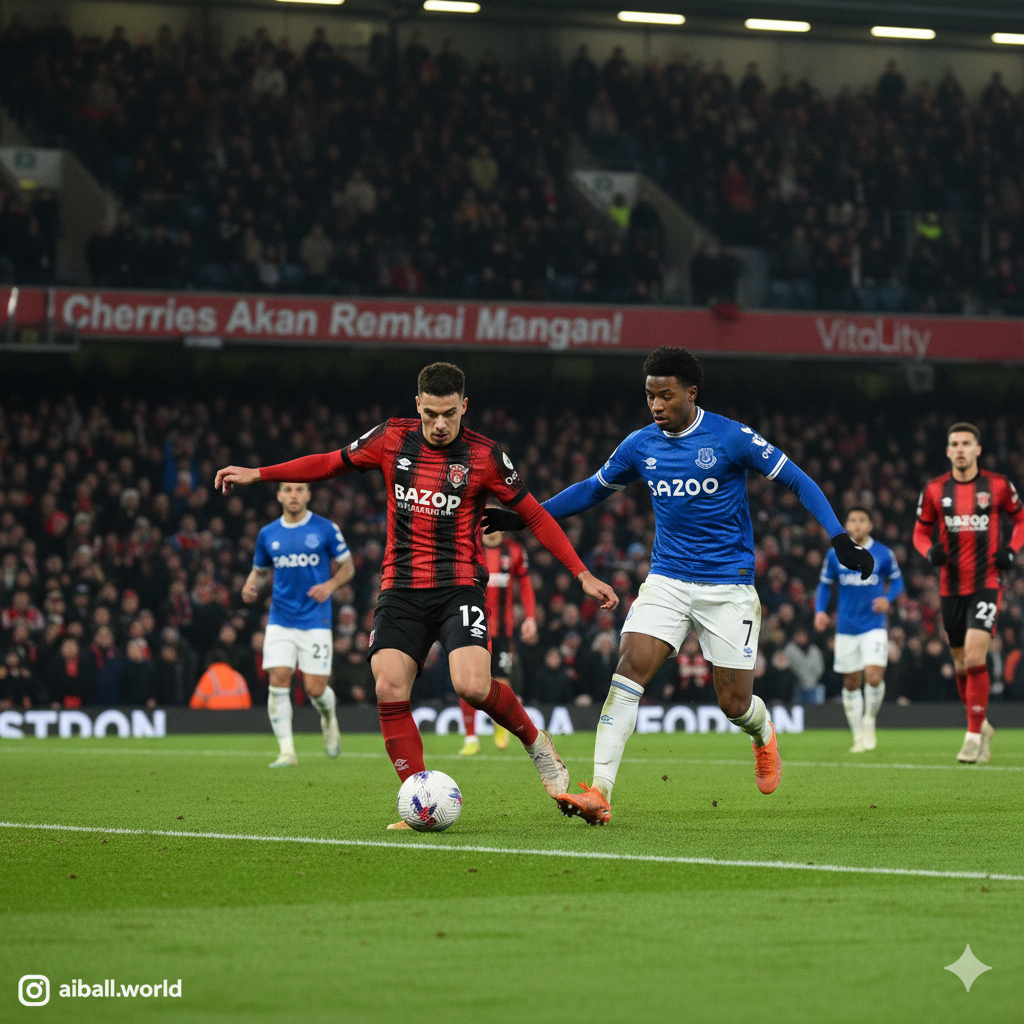 Sebuah pemandangan dinamis dan intens dari pertandingan sepak bola Premier League antara Bournemouth dan Everton di Stadion Vitality. Pemain Bournemouth dengan seragam garis-garis merah dan hitam ikonik terlihat sedang bertarung memperebutkan bola dengan pemain Everton yang mengenakan seragam biru kebanggaan mereka. Latar belakang menampilkan tribun stadion yang dipenuhi penonton yang antusias, dengan pencahayaan lampu stadion yang dramatis menyoroti aksi di lapangan hijau. Gambar ini secara visual menangkap tekad The Cherries untuk bangkit kembali dan mendominasi permainan di kandang sendiri.