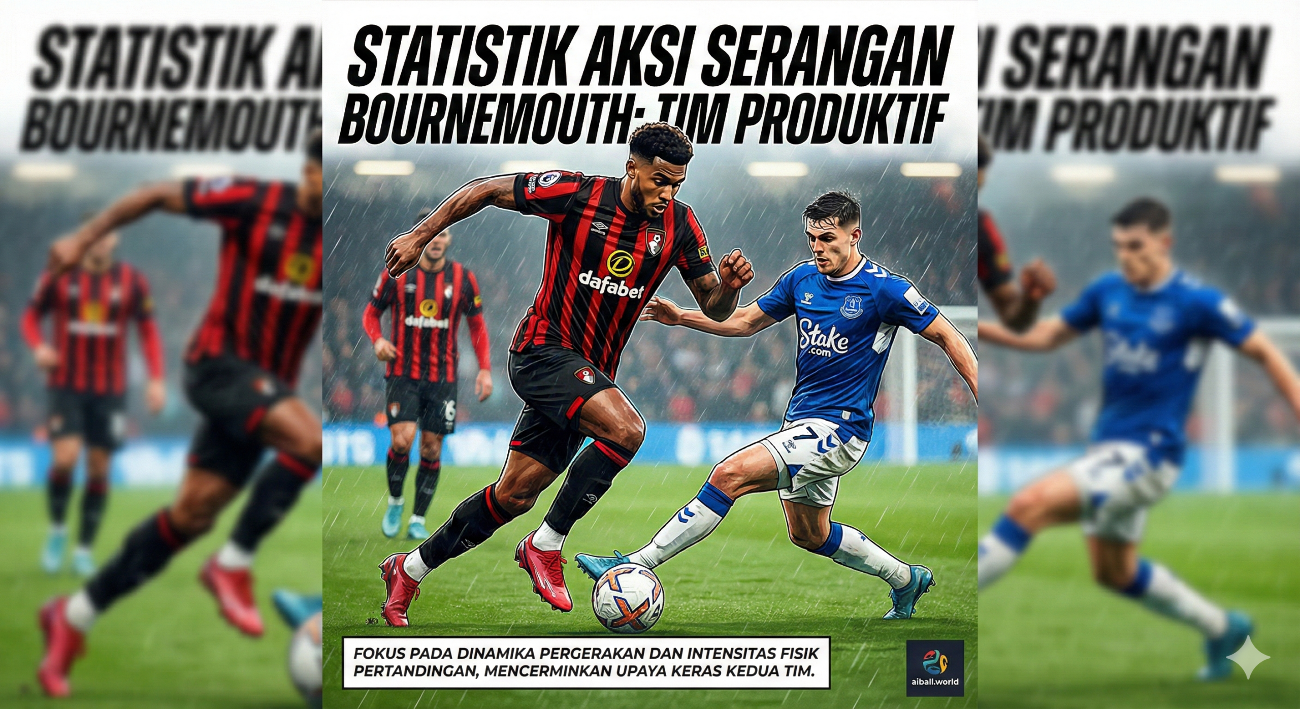 Ilustrasi aksi di lapangan yang menyoroti kekuatan lini serang Bournemouth, sesuai dengan statistik yang menyebutkan mereka sebagai salah satu tim paling produktif. Terlihat seorang penyerang Bournemouth sedang menggiring bola dengan kecepatan tinggi atau bersiap melakukan tembakan ke gawang, sementara bek Everton berusaha keras untuk melakukan blok atau tekel. Fokus gambar adalah pada dinamika pergerakan dan intensitas fisik pertandingan, mencerminkan upaya keras kedua tim untuk mencetak gol dan mengamankan poin penting dalam laga tengah pekan ini.