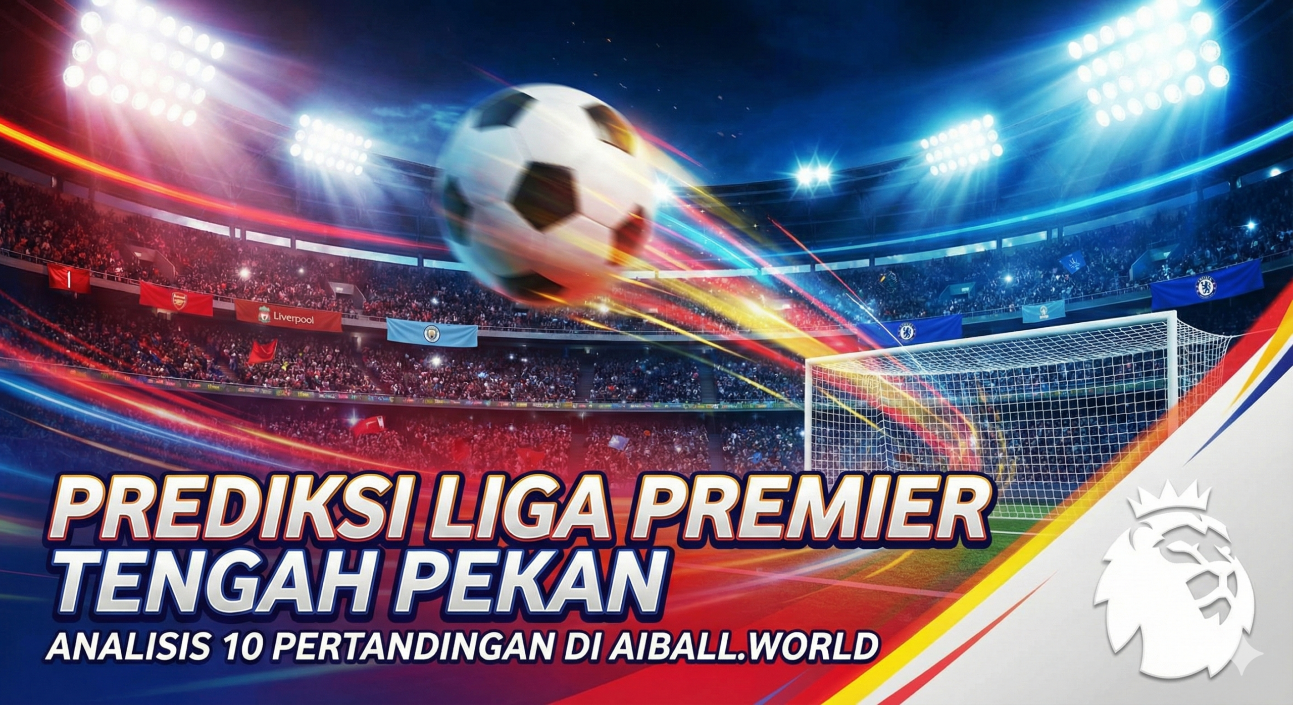 Visual yang dinamis dan menarik yang menggambarkan keseruan dan semangat Premier League di tengah pekan. Fokus pada citra yang memadukan beberapa elemen sepak bola, seperti bola yang sedang ditendang atau gol, dengan latar belakang yang menunjukkan stadion yang penuh lampu di malam hari. Sertakan logo Premier League secara halus di sudut. Palet warna harus cerah, seperti merah, biru, dan kuning, untuk menarik perhatian pembaca. Gambar ini harus mencerminkan suasana pertandingan sengit antara klub-klub papan atas seperti Arsenal, Man City, Liverpool, dan Chelsea, yang merupakan fokus utama dalam prediksi tengah pekan ini.