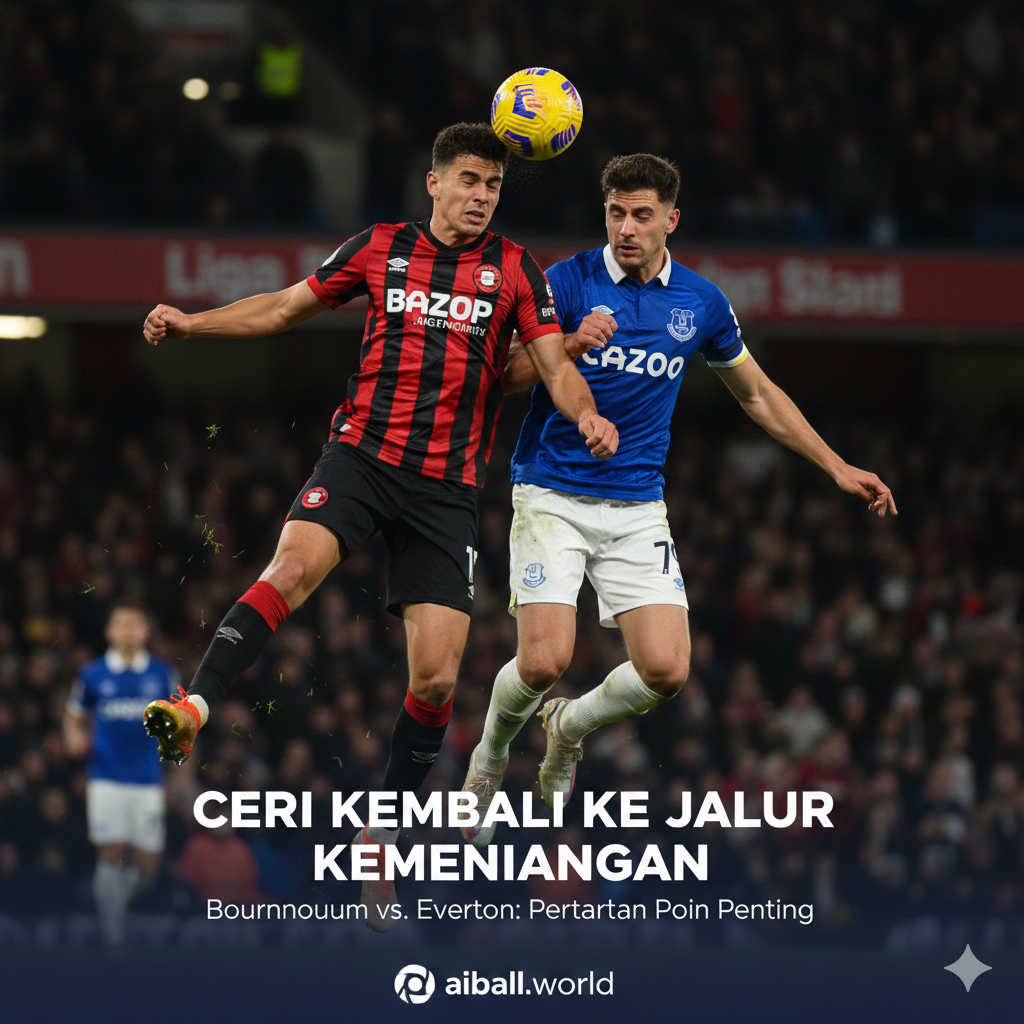 Gambar bersemangat yang menangkap momen aksi beroktan tinggi dari pertandingan sepak bola Liga Premier. Fokusnya adalah pada dua pemain yang mengenakan seragam Bournemouth (merah-hitam) dan Everton (biru) yang saling berebut bola di udara, melambangkan intensitas pertarungan di lapangan. Latar belakang menunjukkan sebagian dari stadion dengan penonton yang kabur, menegaskan suasana pertandingan penting. Gambar harus mengkomunikasikan antisipasi untuk kembalinya 'The Cherries' ke jalur kemenangan setelah kekalahan yang mengecewakan, seperti yang disebutkan dalam analisis pertandingan, menyoroti persaingan sengit antara kedua tim untuk poin penting.