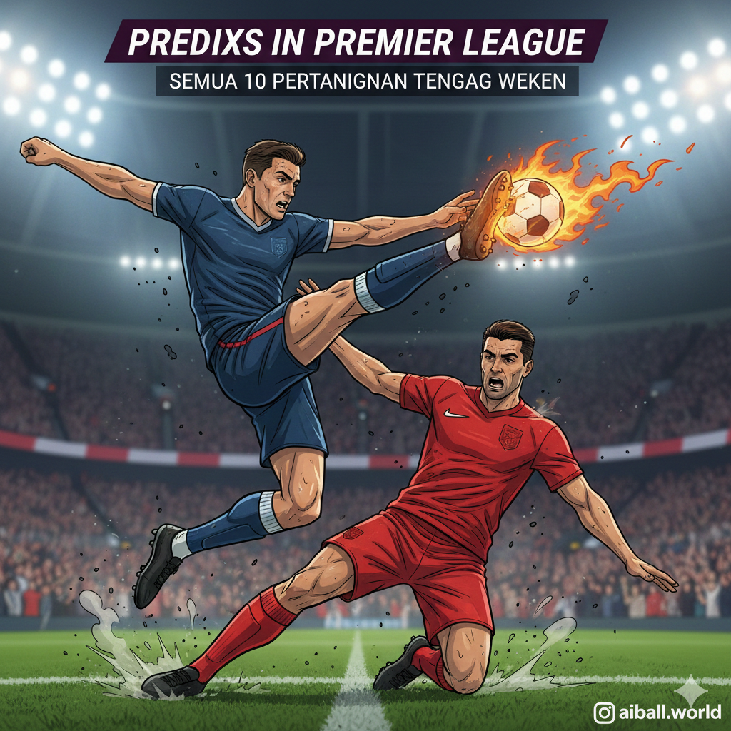 Gambar aksi dinamis yang memperlihatkan duel sengit antara dua pemain sepak bola profesional di tengah lapangan selama pertandingan Liga Premier. Satu pemain sedang berusaha menguasai bola atau melakukan tembakan ke gawang dengan teknik tinggi, sementara lawannya berusaha melakukan pertahanan yang ketat. Latar belakang stadion yang sedikit kabur (bokeh) dengan penonton yang bergemuruh menambah kedalaman dan atmosfer gambar. Pencahayaan dramatis menekankan gerakan, keringat, dan energi fisik para atlet. Visual ini dirancang untuk memberikan konteks visual yang menarik mengenai persaingan ketat di antara klub-klub yang disebutkan dalam artikel prediksi.