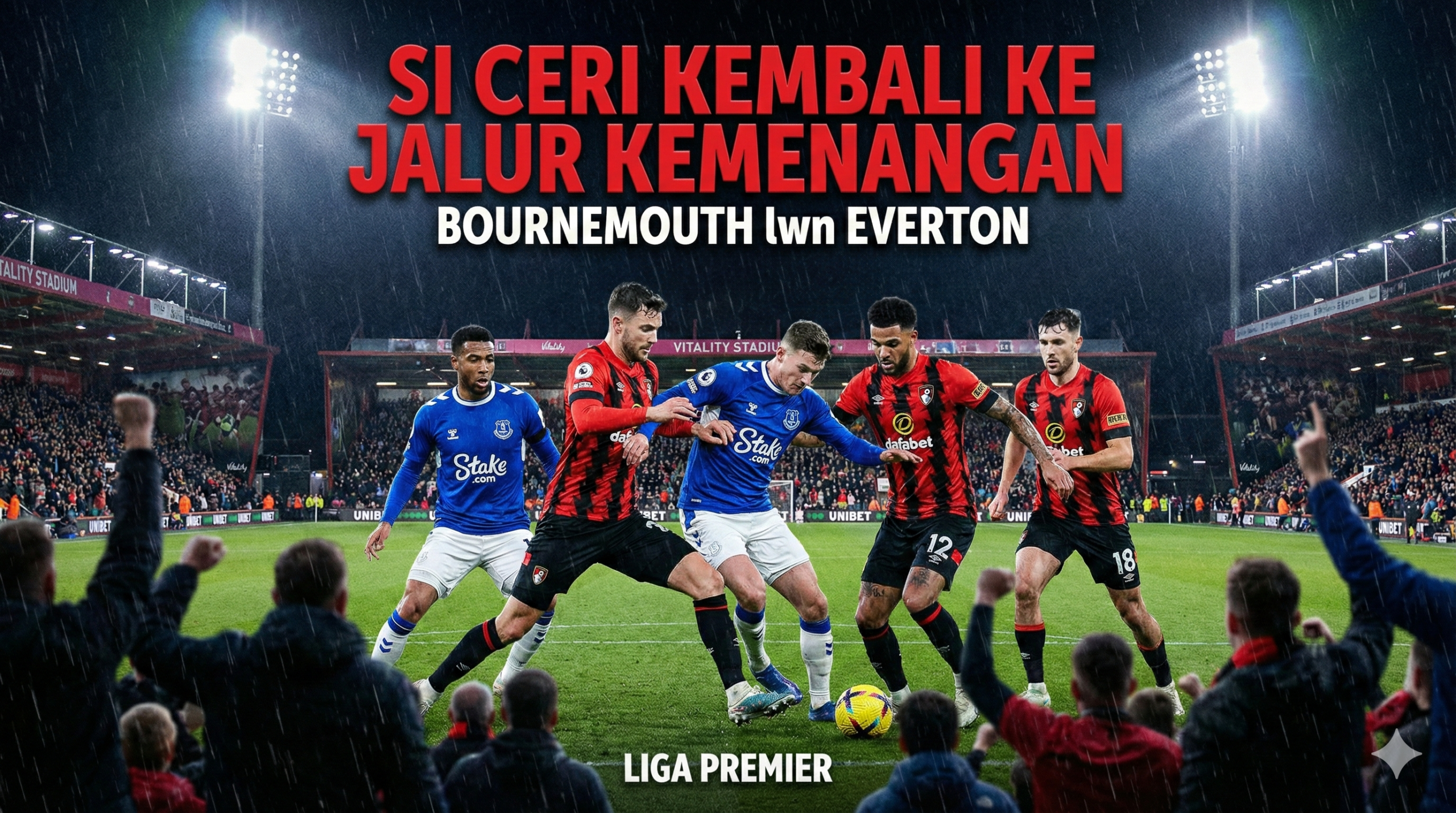 Visualisasi grafis pertandingan sepak bola Liga Premier yang intens antara Bournemouth melawan Everton di Stadion Vitality. Gambar menampilkan pemain kunci Bournemouth dengan seragam kandang merah-hitam yang sedang berduel memperebutkan bola dengan pemain Everton yang mengenakan seragam biru. Latar belakang stadion dipenuhi penonton yang bersorak, menciptakan atmosfer malam pertandingan yang dramatis dan penuh tekanan. Ekspresi wajah para pemain menunjukkan tekad kuat untuk bangkit kembali setelah kekalahan menyakitkan yang dialami kedua tim pada pekan sebelumnya.