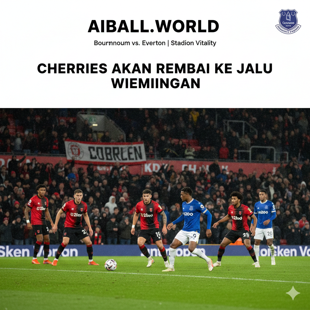 Suasana malam yang dramatis di Vitality Stadium di pantai selatan Inggris, menampilkan para pemain Bournemouth dengan seragam kandang merah dan hitam ikonik mereka sedang bersiap menghadapi tekanan dari pemain Everton yang mengenakan seragam biru. Lampu sorot stadion menyinari lapangan hijau yang basah, menciptakan kontras yang tajam dan menonjolkan intensitas pertandingan Premier League ini. Latar belakang dipenuhi oleh pendukung setia The Cherries yang bersorak antusias, mencerminkan harapan besar tim tuan rumah untuk kembali ke jalur kemenangan setelah periode yang sulit.