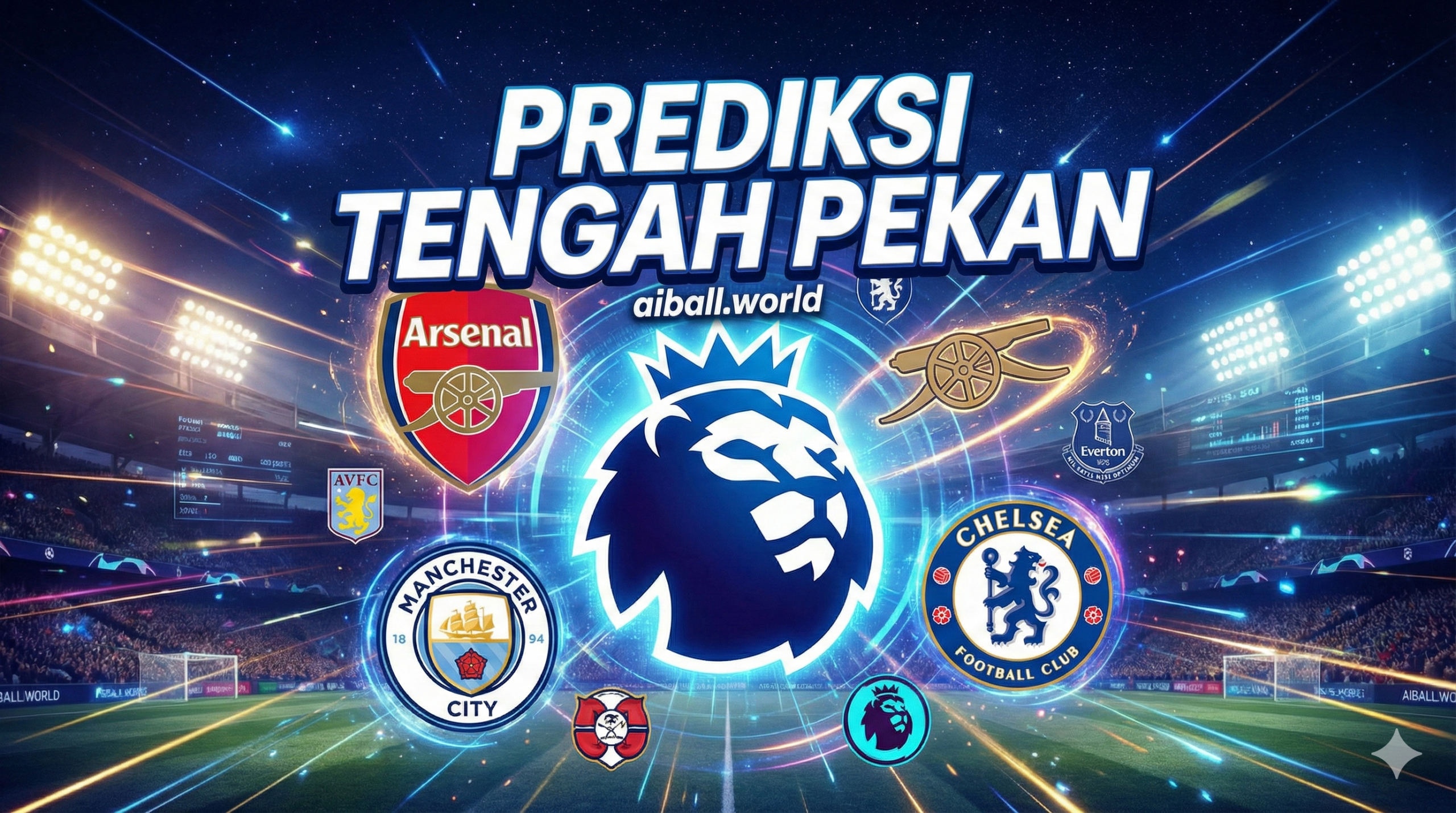 Penggambaran dinamis yang berpusat pada logo Premier League yang ikonik, dikelilingi oleh ikon-ikon visual dari tim-tim top yang disebutkan dalam prediksi, seperti Arsenal, Manchester City, dan Chelsea. Latar belakang harus memiliki nuansa stadion yang diterangi lampu malam di tengah pekan (midweek), dengan overlay teks yang menonjolkan tema 'Prediksi Tengah Pekan' dalam Bahasa Indonesia. Ekspresikan energi dan antisipasi dari jadwal pertandingan yang padat.