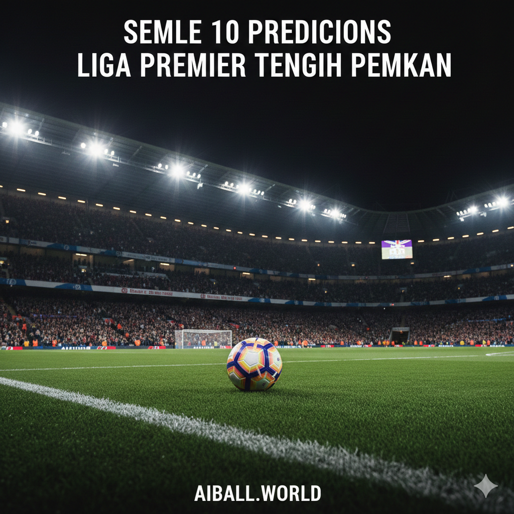 Pemandangan stadion sepak bola Liga Premier Inggris yang megah dan dramatis pada malam hari, diterangi oleh lampu sorot stadion yang sangat terang untuk menandakan pertandingan tengah pekan. Di tengah lapangan hijau yang sempurna, terlihat bola sepak bola resmi Liga Premier yang ikonik sedang bergulir cepat. Latar belakang menampilkan tribun penonton yang penuh sesak dan bergemuruh dengan energi, di mana para penggemar mengibarkan syal dan bendera klub mereka. Gambar ini harus memancarkan atmosfer kompetisi tingkat tinggi, ketegangan, dan antusiasme yang menyelimuti jadwal padat pertandingan sepak bola Inggris yang sangat dinanti-nantikan.