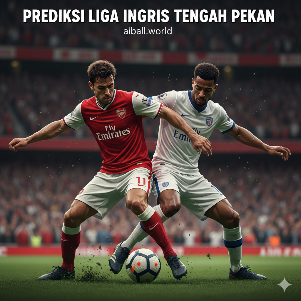 Sebuah ilustrasi aksi pertandingan yang intens dan realistis menampilkan duel fisik antara dua pemain sepak bola profesional di tengah lapangan. Satu pemain mengenakan kostum berwarna merah (merepresentasikan tim seperti Arsenal atau Liverpool) sedang berusaha melewati pemain bertahan lawan yang mengenakan kostum biru atau putih. Detail gambar menangkap percikan rumput yang terangkat dari sepatu bot mereka, tetesan keringat di wajah, dan ekspresi fokus yang tajam. Latar belakang dibuat sedikit kabur (efek bokeh) untuk menonjolkan kecepatan dan dinamika pergerakan pemain, menciptakan visual yang sempurna untuk menemani prediksi skor pertandingan yang ketat.