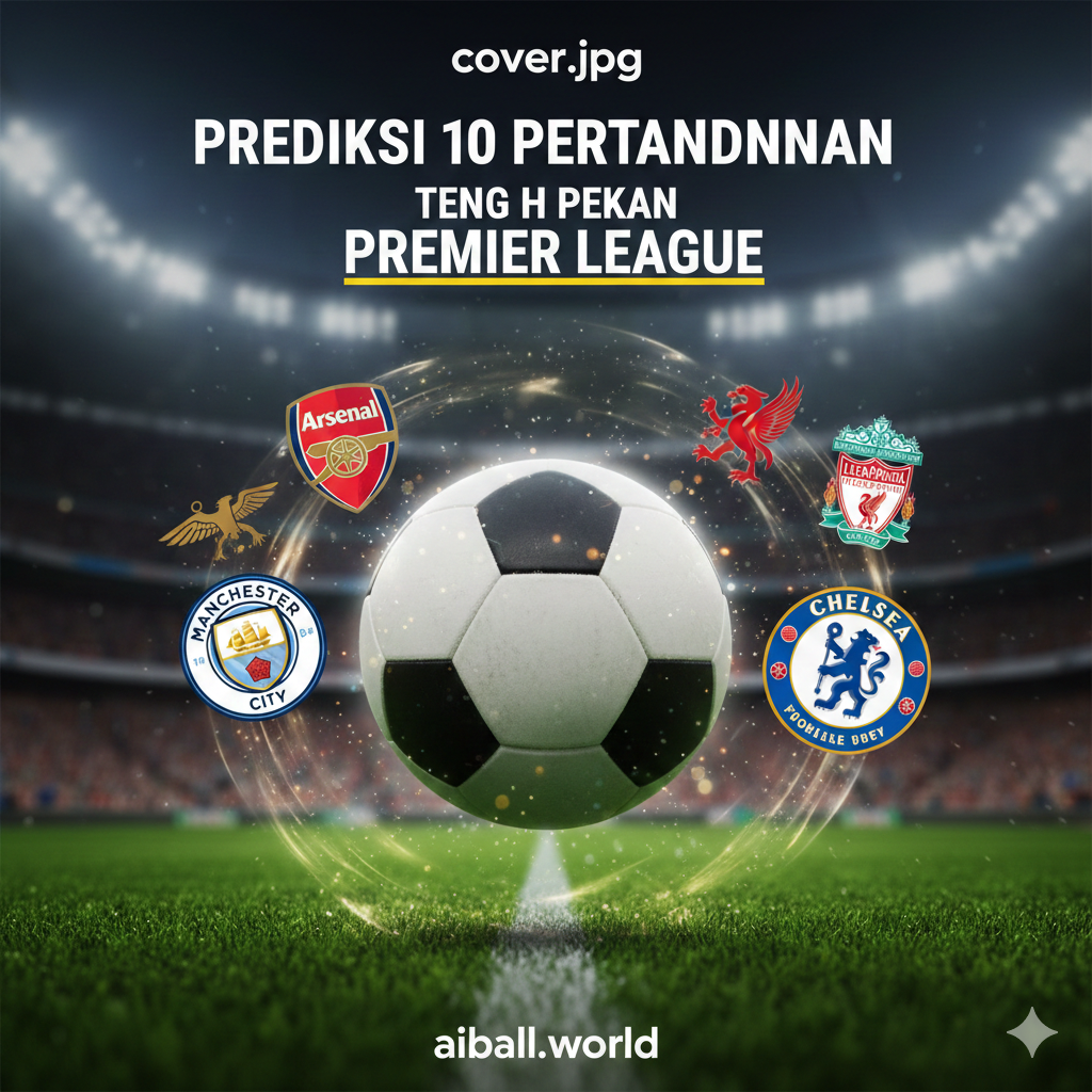 Sebuah kolase yang dinamis dan menarik dari logo-logo klub Premier League terkemuka yang terlibat dalam pertandingan tengah pekan yang krusial, seperti Arsenal, Manchester City, Liverpool, dan Chelsea. Fokus utama harus diletakkan pada bola sepak yang sedang melayang cepat di atas lapangan hijau, menyimbolkan intensitas dan aksi dari jadwal padat di tengah pekan. Warna-warna cerah dan kontras tinggi harus digunakan untuk menarik perhatian, dengan teks judul prediksi yang menarik secara visual untuk menyoroti topik utama prediksi skor Liga Primer.
