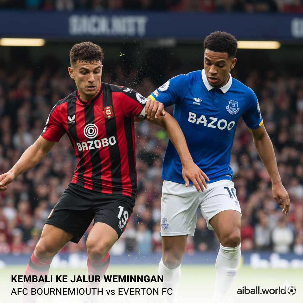 Gambar sampul yang bersemangat menampilkan dua pemain dari AFC Bournemouth (berpakaian merah-hitam) dan Everton FC (berpakaian biru) saling berhadapan di lapangan sepak bola, dengan latar belakang stadion yang ramai. Fokus utama adalah pada intensitas persaingan dan ekspresi wajah yang bertekad. Pencahayaan harus menonjolkan seragam tim, mencerminkan tema 'kembali ke jalur kemenangan' setelah kekalahan. Di bagian atas atau bawah, teks overlay yang minimalis dengan nama kedua tim atau judul artikel dalam bahasa Indonesia dapat ditambahkan untuk memperjelas konteks pertandingan.