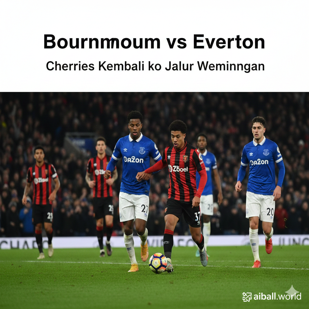 Pemandangan pertandingan sepak bola yang dinamis dan intens di Stadion Vitality pada malam hari di bawah sorotan lampu stadion yang terang. Pemain Bournemouth yang mengenakan seragam kandang ikonik bergaris merah dan hitam terlihat sedang menyerang pertahanan Everton yang mengenakan seragam biru. Latar belakang dipenuhi oleh kerumunan penonton yang antusias namun sedikit kabur (efek bokeh) untuk menonjolkan aksi di lapangan. Suasana gambar mencerminkan tekad kedua tim untuk bangkit dari kekalahan sebelumnya, dengan rumput hijau yang detail dan tajam.
