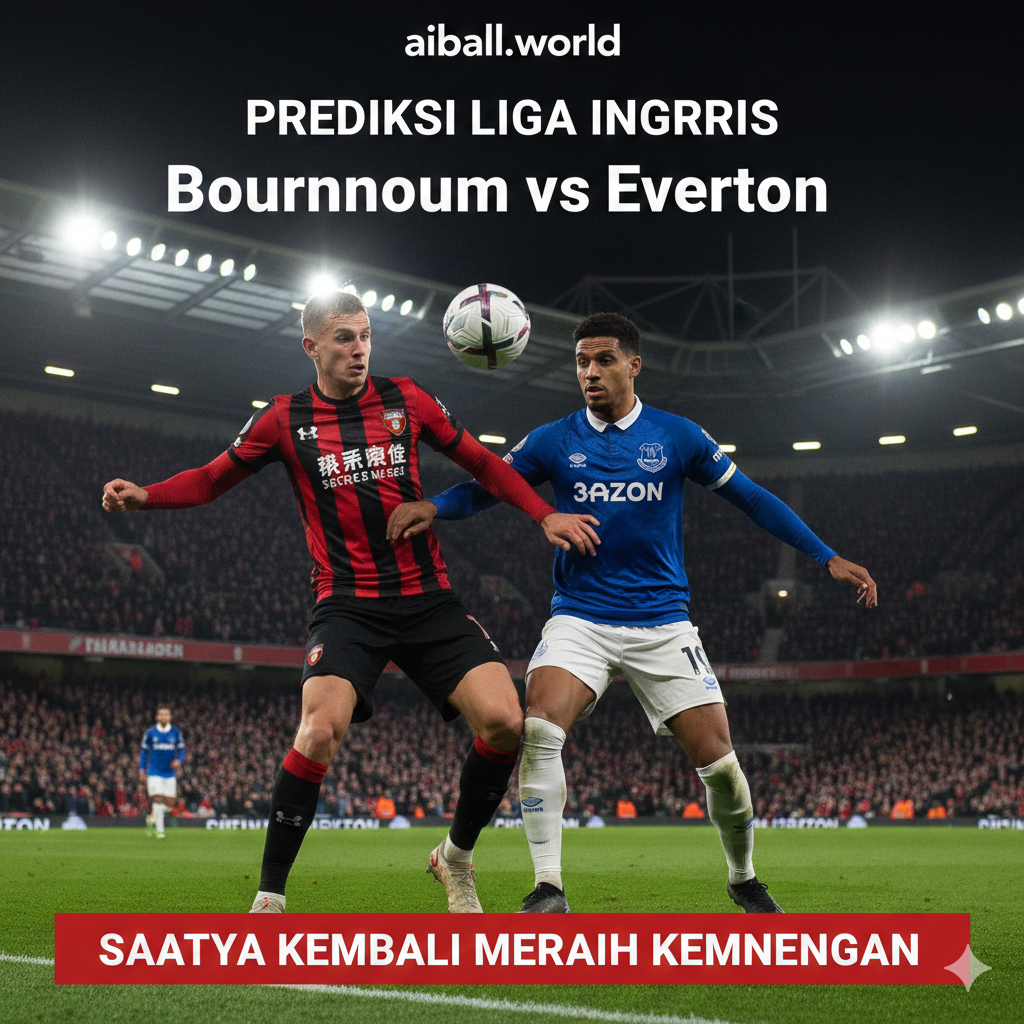 Gambaran visual yang dramatis dan penuh energi menampilkan duel sengit antara pemain Bournemouth dengan seragam kandang ikonik garis-garis merah dan hitam melawan pemain Everton yang mengenakan jersey biru tradisional mereka. Latar belakangnya adalah Vitality Stadium yang megah di bawah lampu sorot malam hari, dipenuhi oleh penggemar yang antusias mengibarkan bendera dan syal tim. Komposisi gambar menonjolkan ketegangan dan semangat kompetisi Premier League, dengan bola sepak melayang di udara di antara kedua pemain yang sedang berebut penguasaan bola, menciptakan atmosfer pertandingan yang dinamis dan penuh antisipasi bagi para penggemar sepak bola di Indonesia.