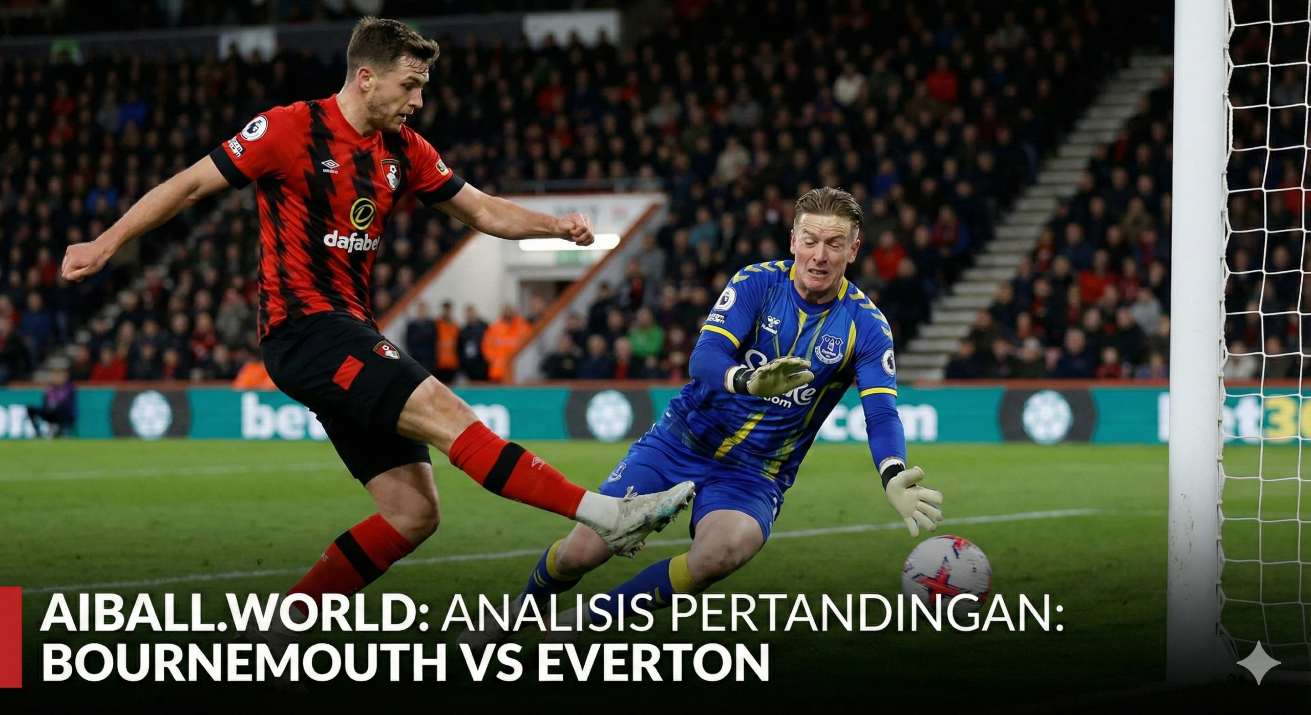 Ilustrasi aksi lapangan yang menyoroti dominasi serangan tim Bournemouth, menampilkan pemain kunci The Cherries yang sedang melakukan tendangan kuat dan akurat ke arah gawang Everton. Kiper Everton terlihat melompat berusaha menepis bola dengan ekspresi tegang, menambah unsur dramatis pada gambar. Detail rumput lapangan yang hijau segar dan pencahayaan stadion yang realistis memberikan kesan mendalam. Gambar ini merefleksikan analisis pertandingan di mana Bournemouth diprediksi akan bermain agresif untuk mengamankan poin penuh di kandang setelah kekalahan mengecewakan sebelumnya, menjadi visualisasi sempurna untuk menemani segmen prediksi taruhan dan statistik performa tim.